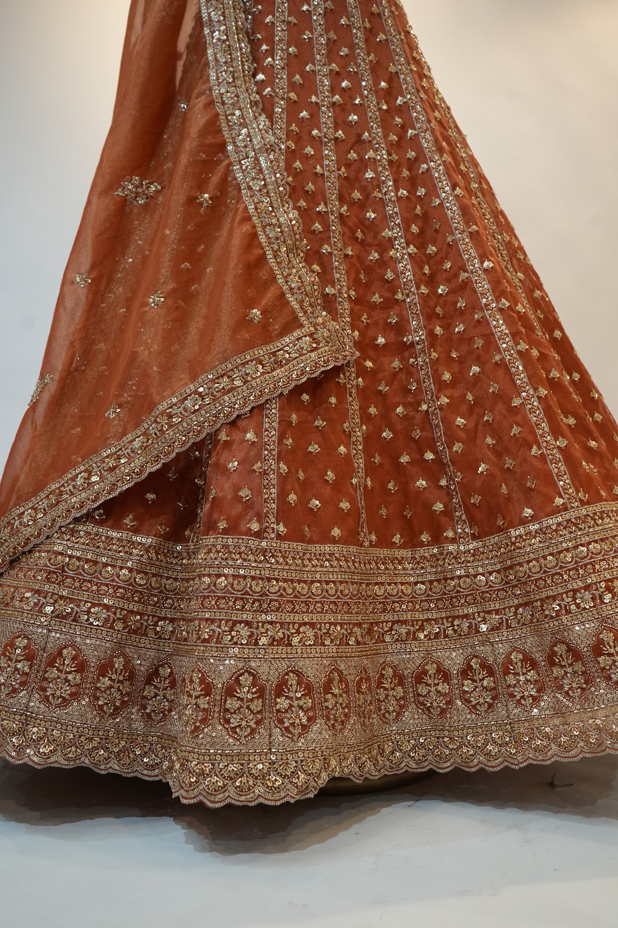 Rust Orange Zari Sequin Embroidered Bridal Lehenga Set