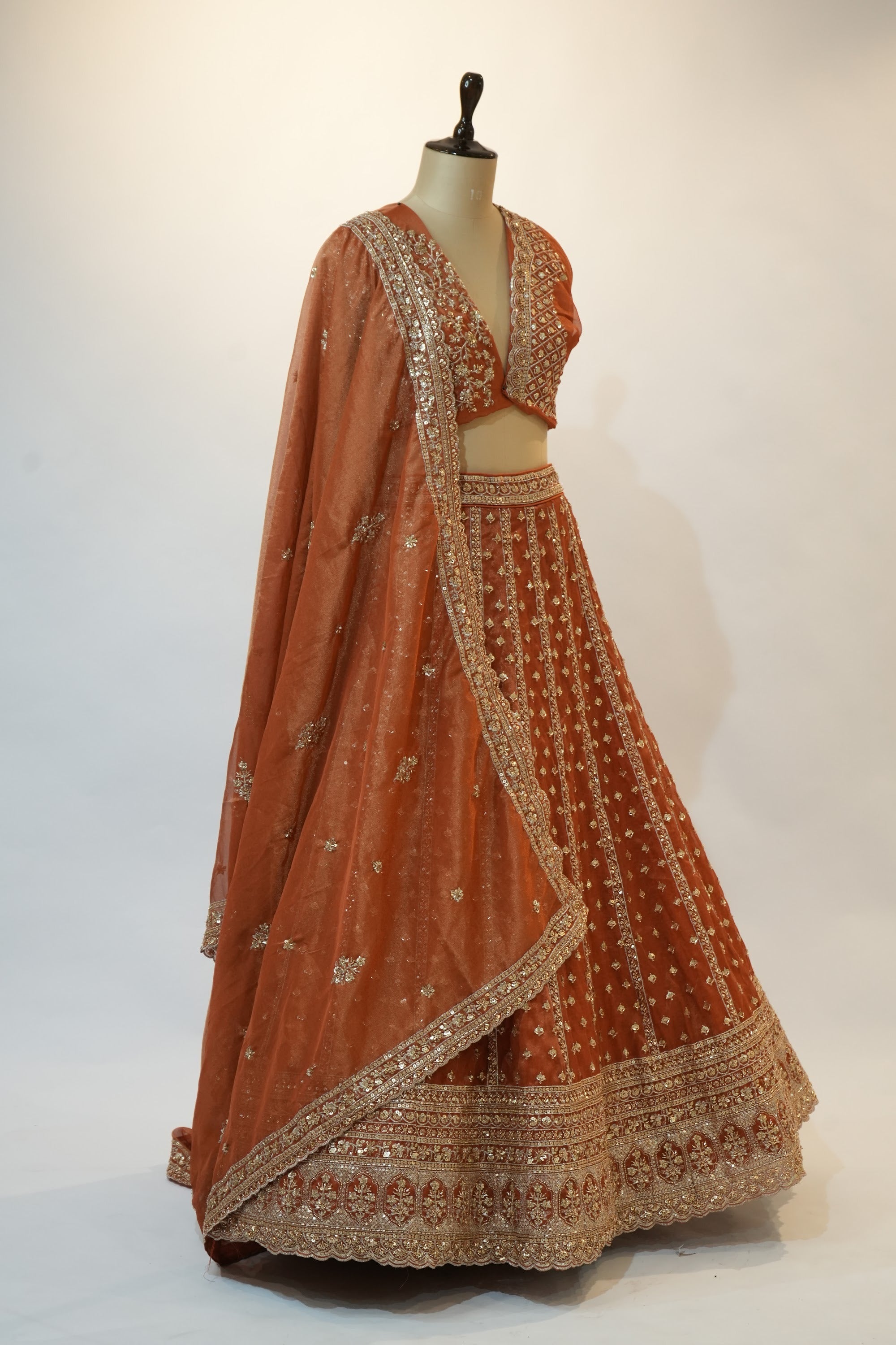 Rust Orange Zari Sequin Embroidered Bridal Lehenga Set