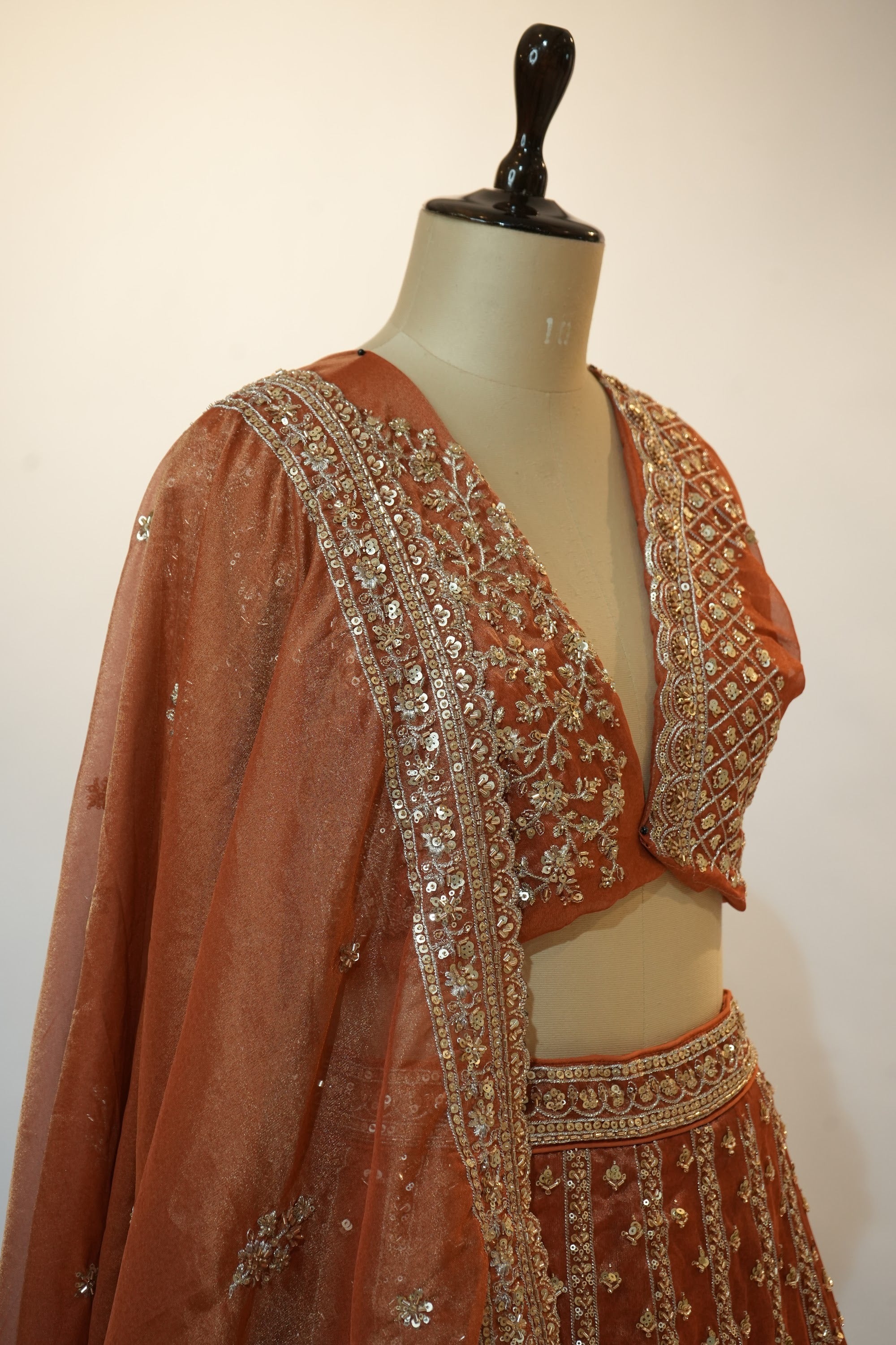 Rust Orange Zari Sequin Embroidered Bridal Lehenga Set