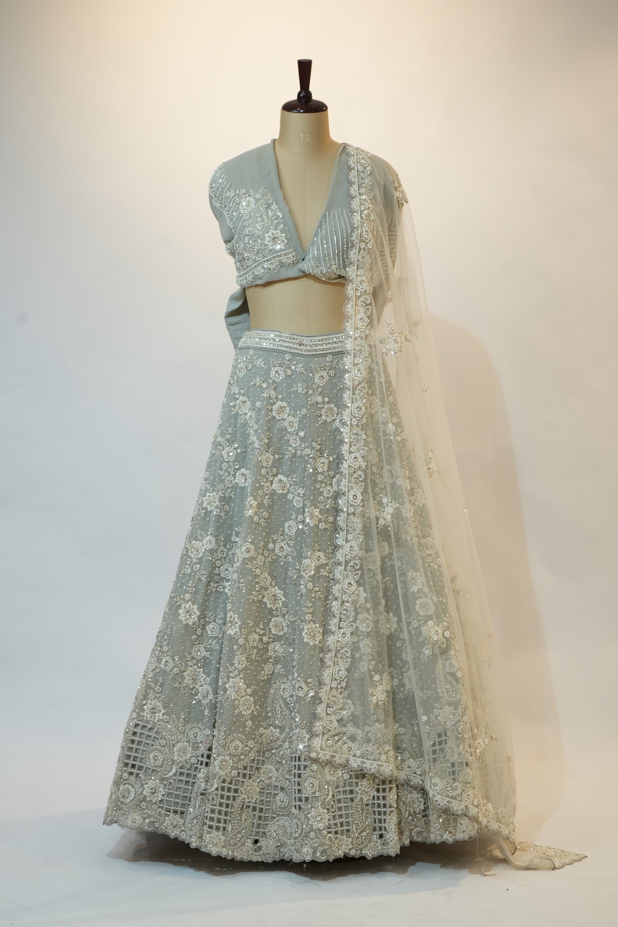 Ice Blue Floral Embroidered Net Lehenga Set