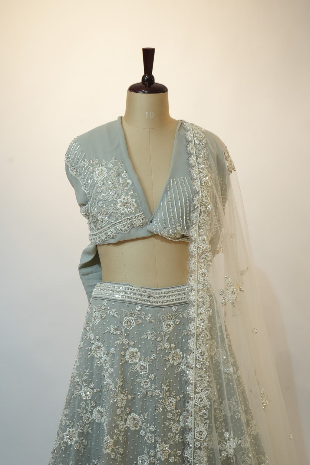Ice Blue Floral Embroidered Net Lehenga Set