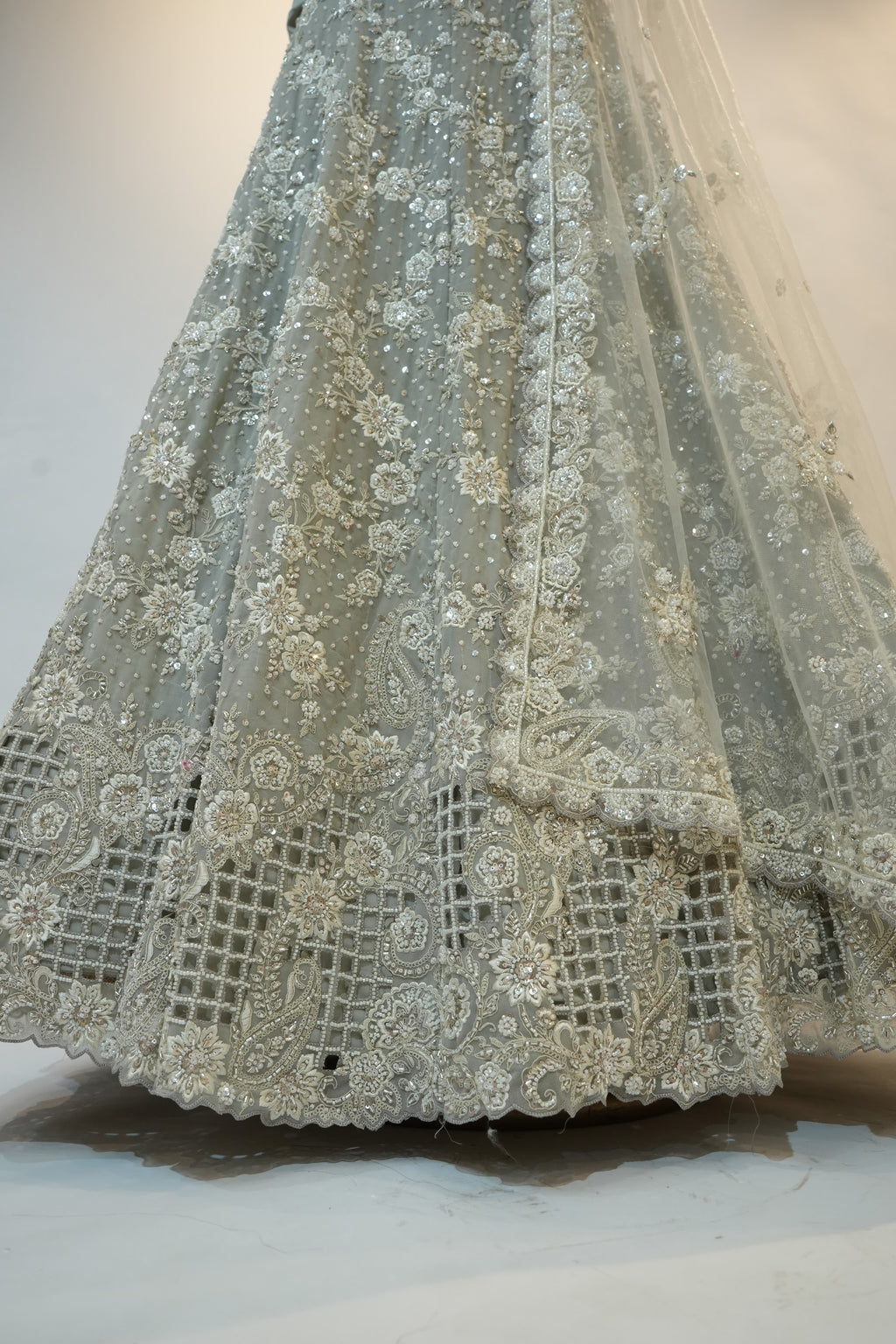 Ice Blue Floral Embroidered Net Lehenga Set