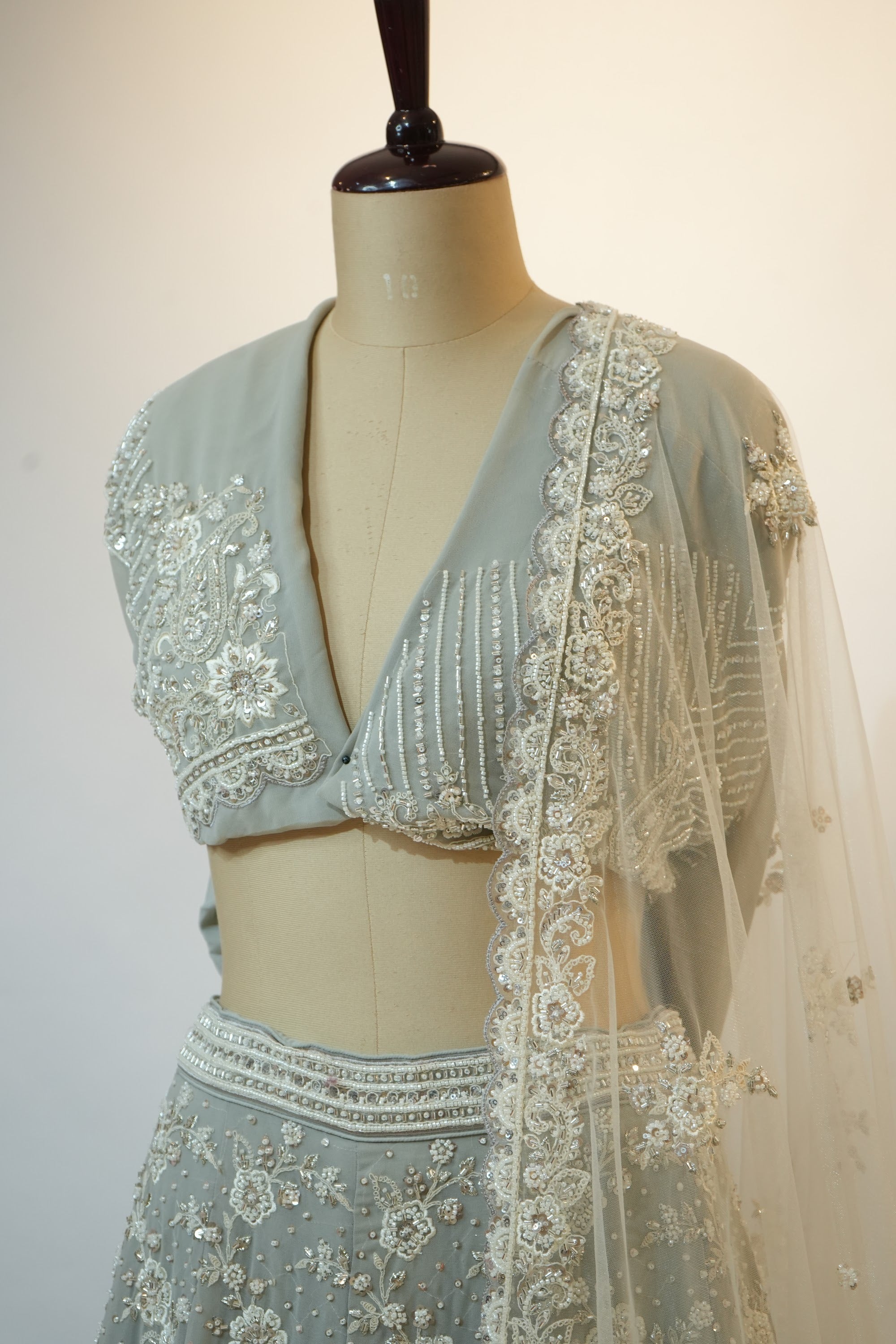 Ice Blue Floral Embroidered Net Lehenga Set