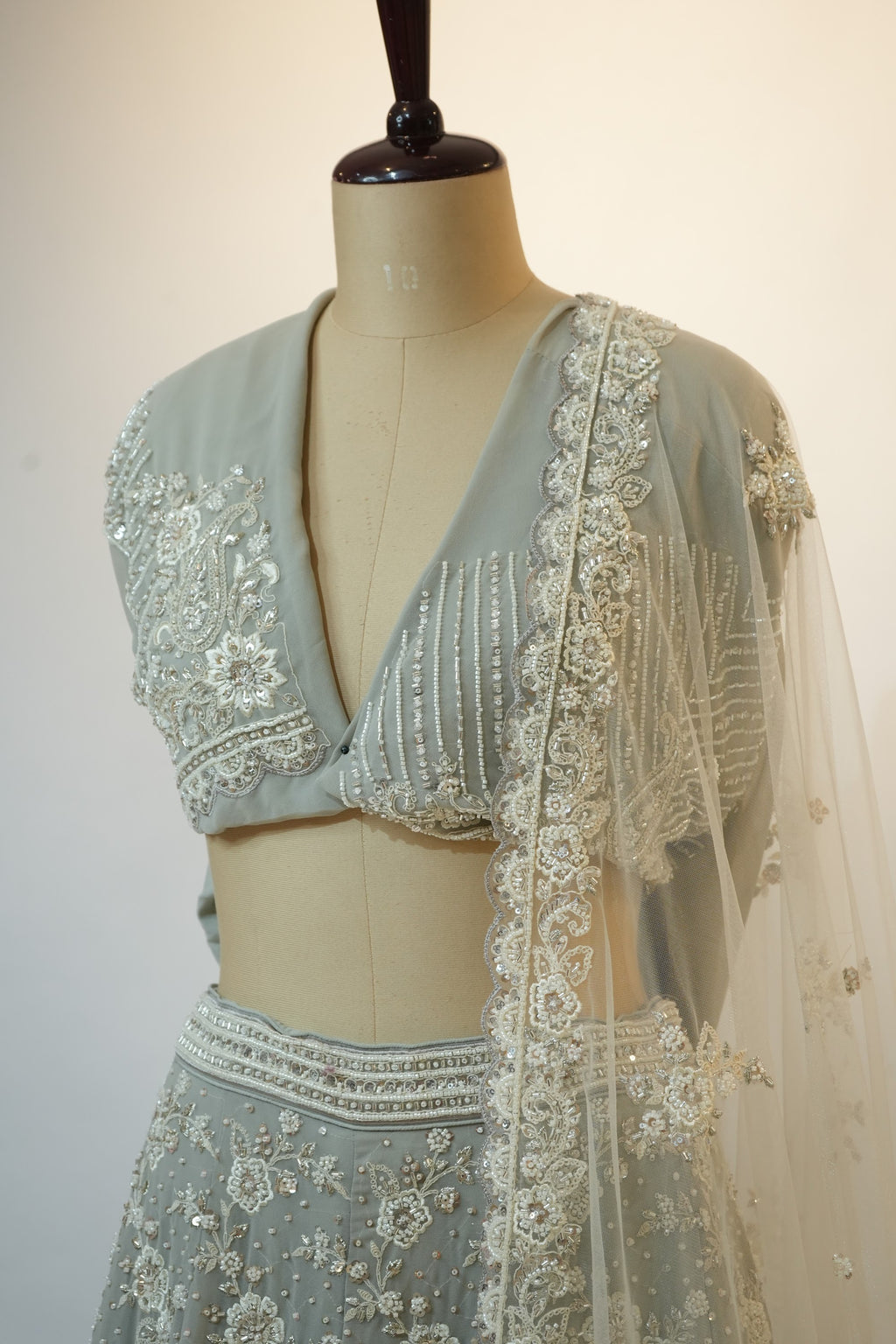 Ice Blue Floral Embroidered Net Lehenga Set