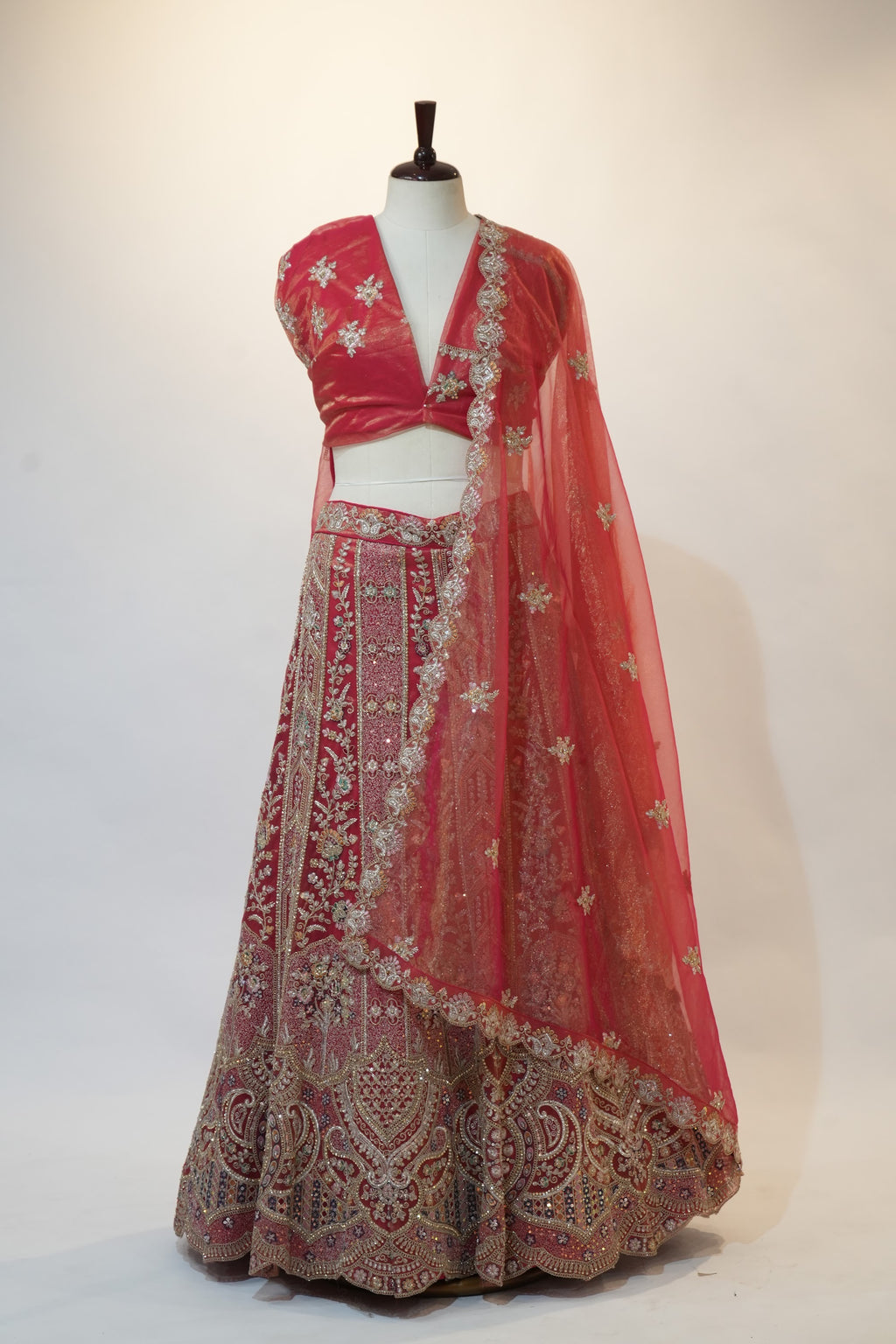 Coral Red Embroidered Bridal Lehenga Set