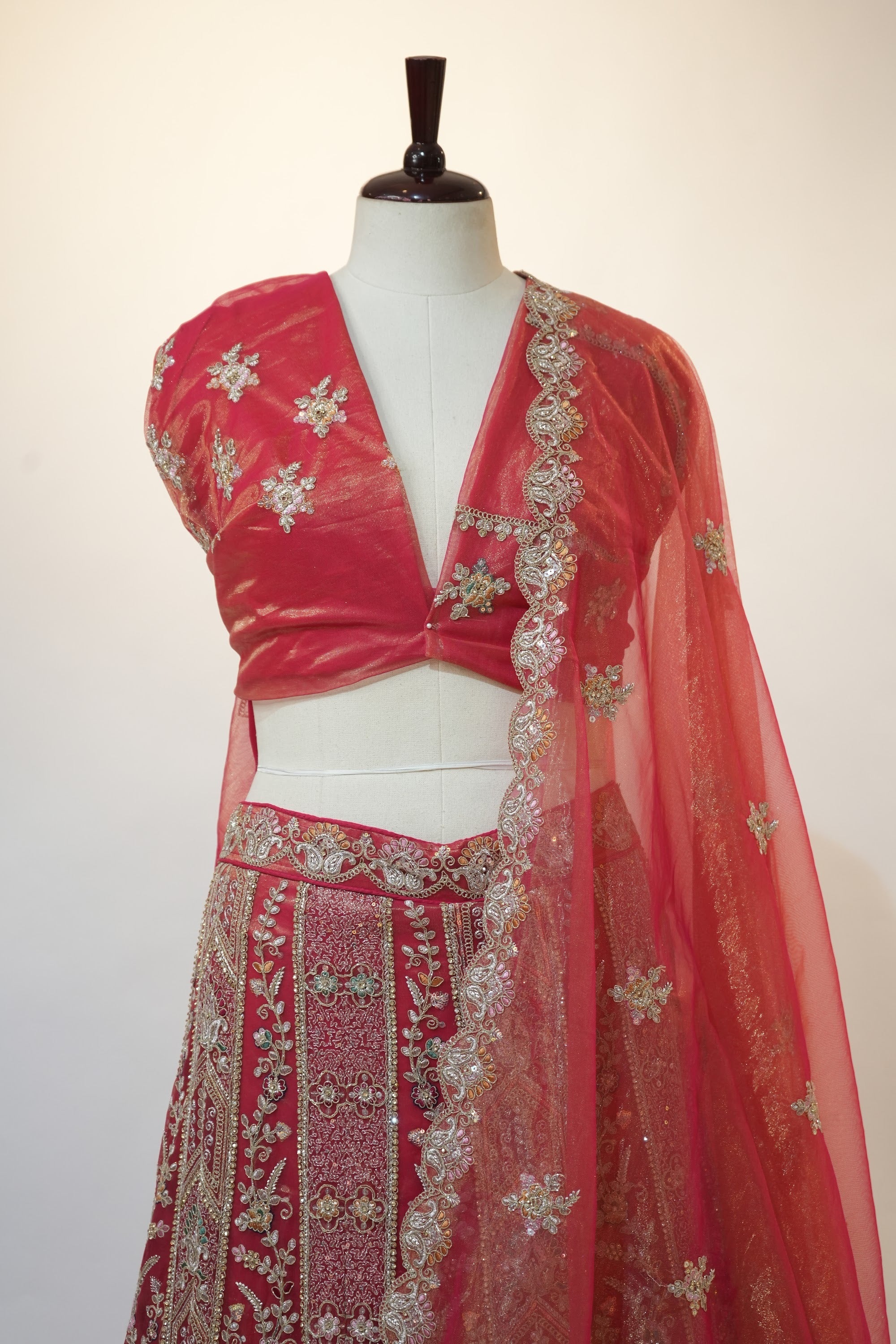 Coral Red Embroidered Bridal Lehenga Set