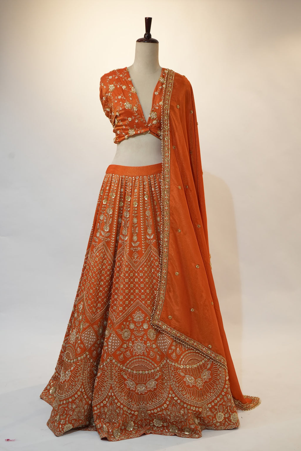 Rust Orange Zardozi Pearl Embroidered Bridal Lehenga Set