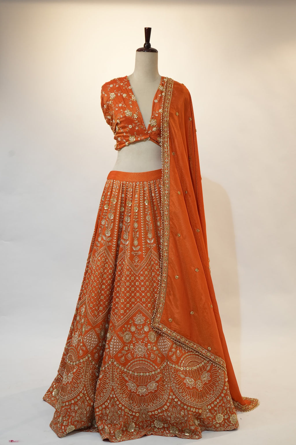 Rust Orange Zardozi Pearl Embroidered Bridal Lehenga Set