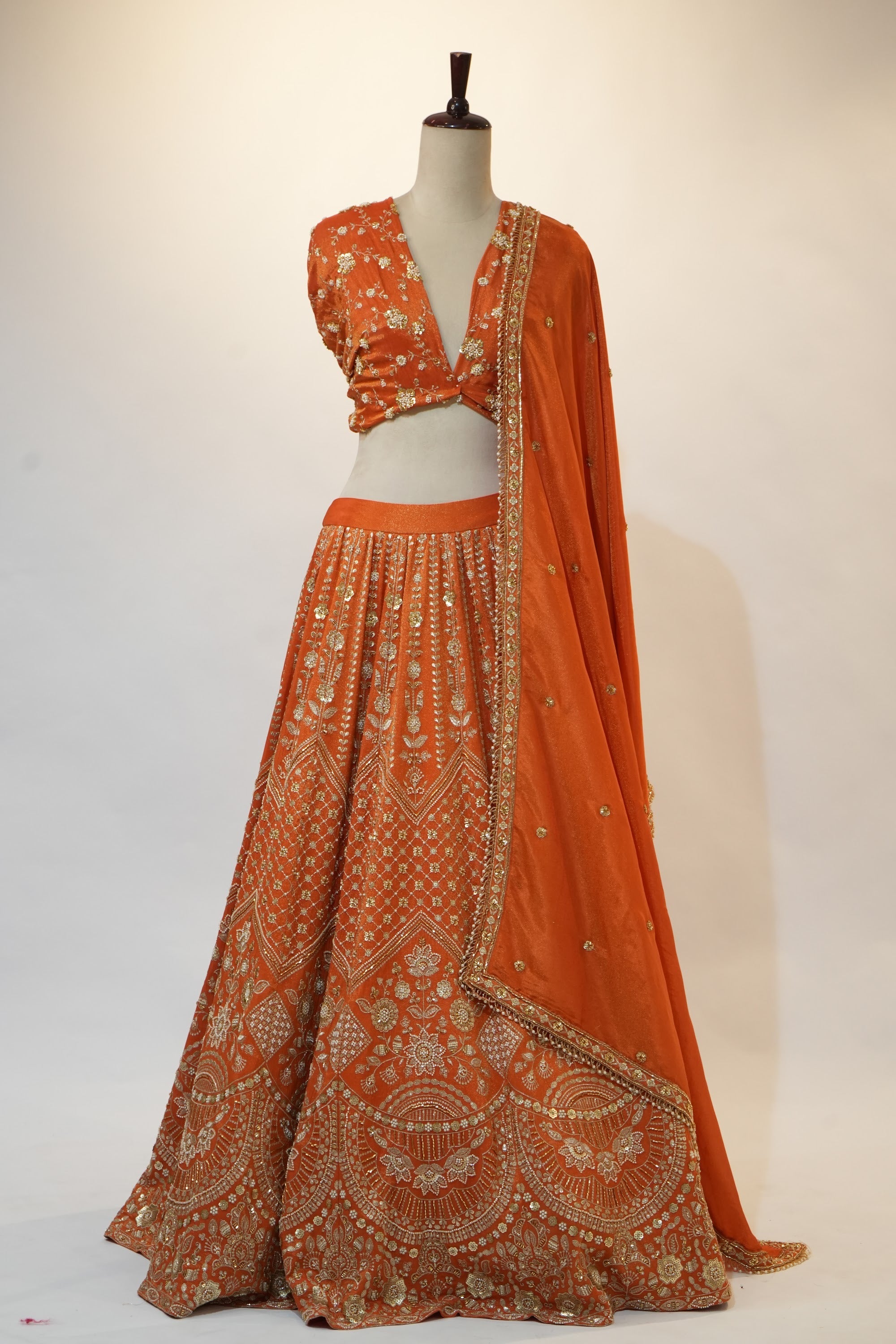 Rust Orange Zardozi Pearl Embroidered Bridal Lehenga Set