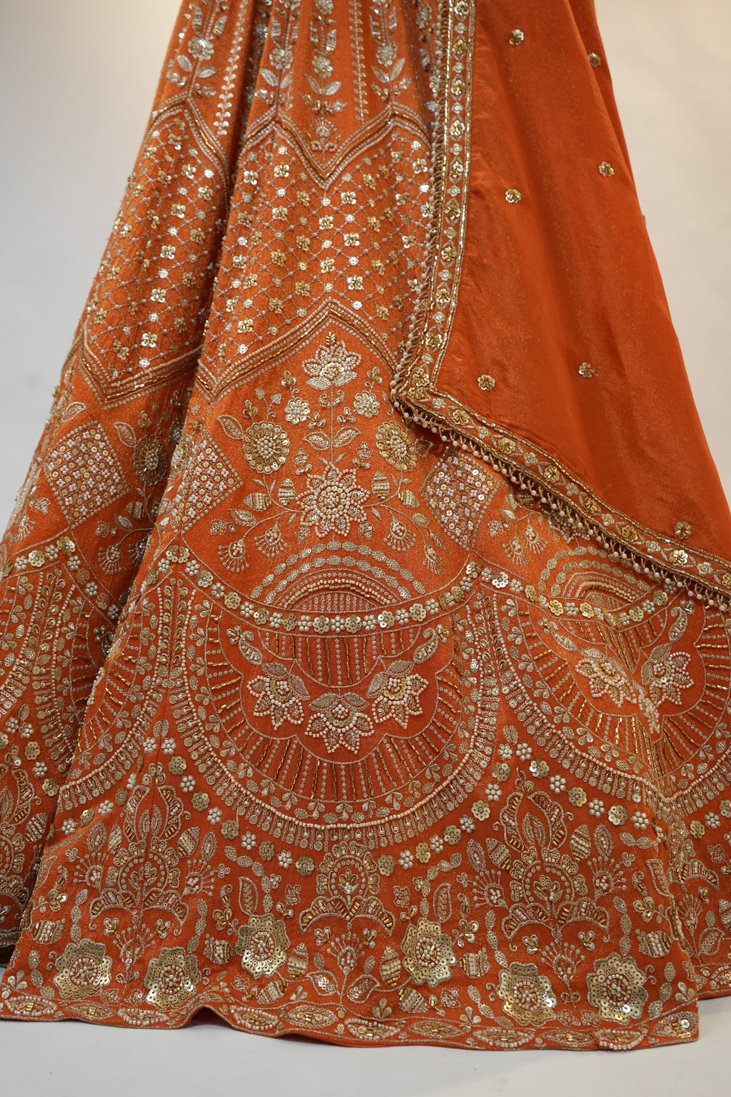 Rust Orange Zardozi Pearl Embroidered Bridal Lehenga Set