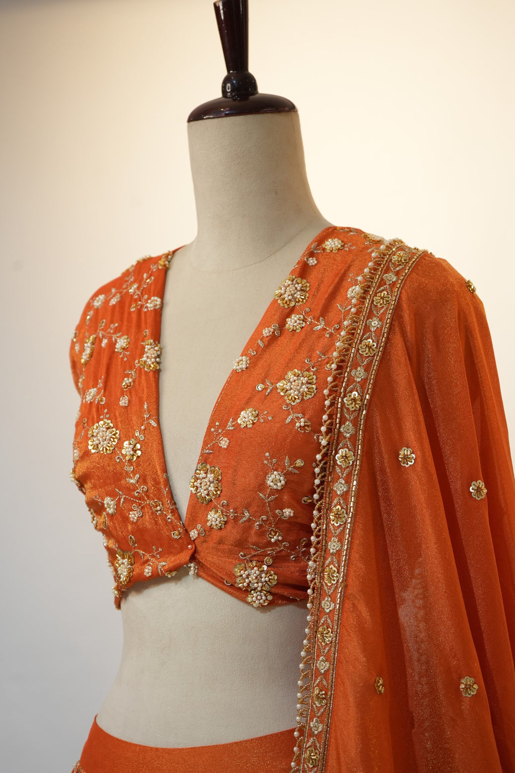 Rust Orange Zardozi Pearl Embroidered Bridal Lehenga Set
