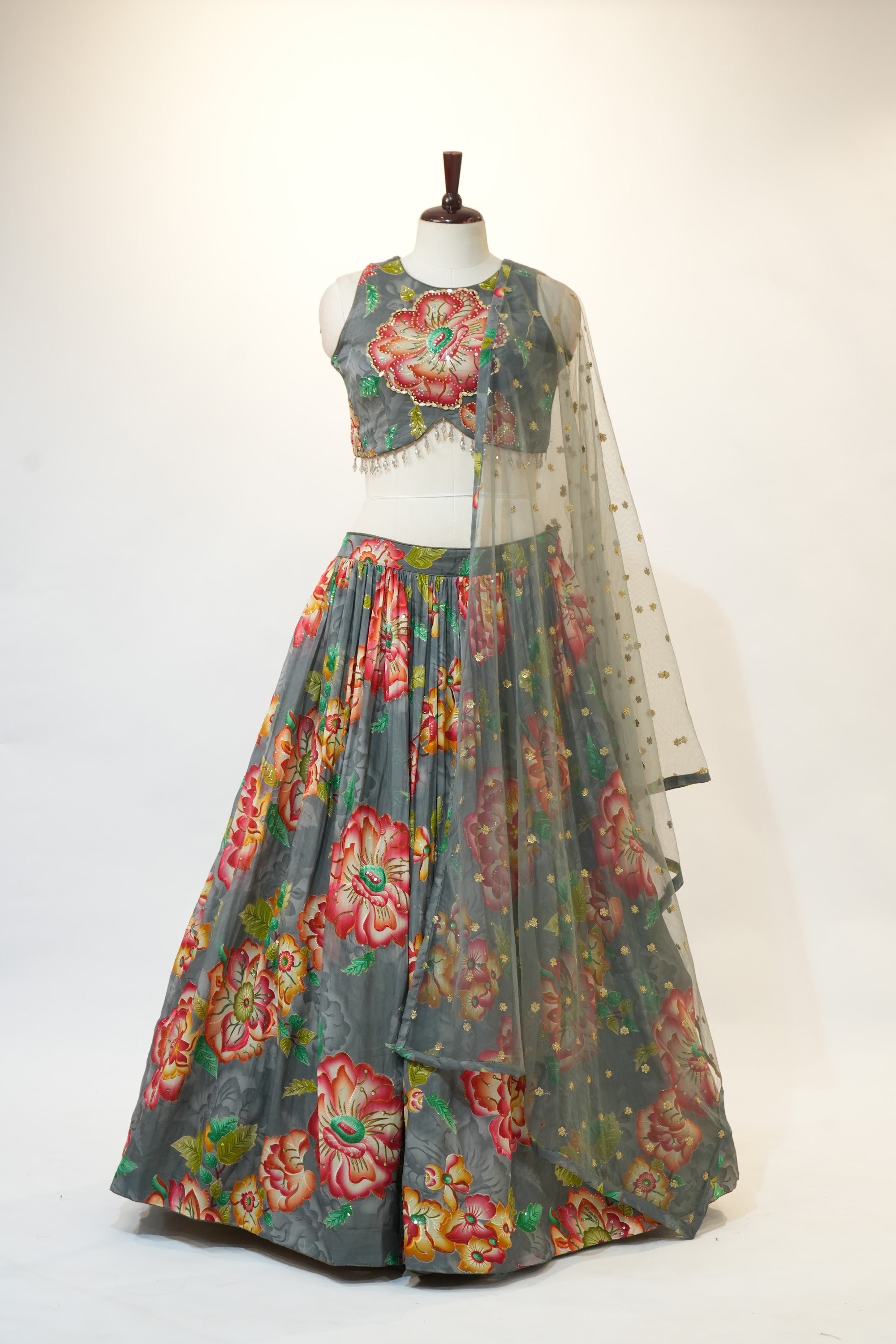 Grey Floral Print Net Overlay Lehenga Set