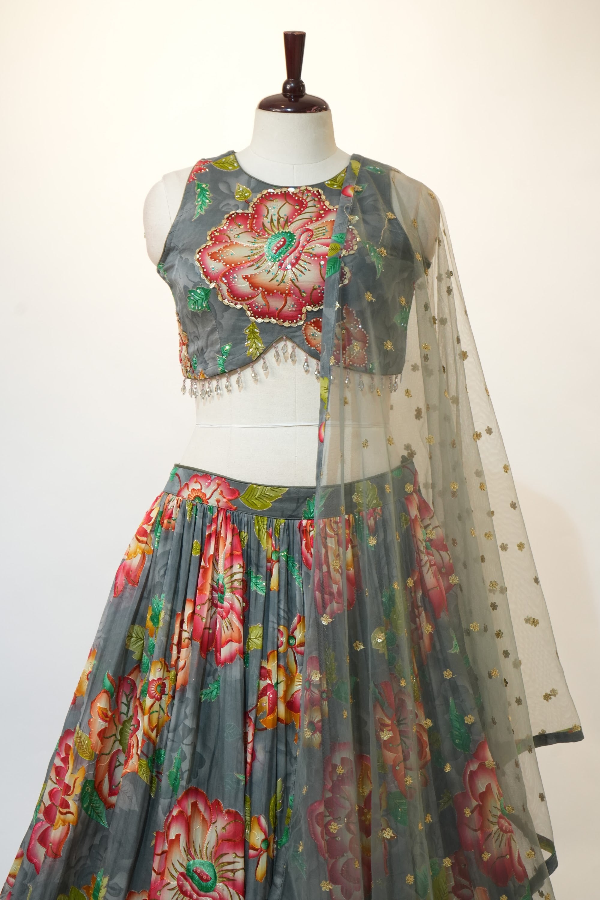 Grey Floral Print Net Overlay Lehenga Set