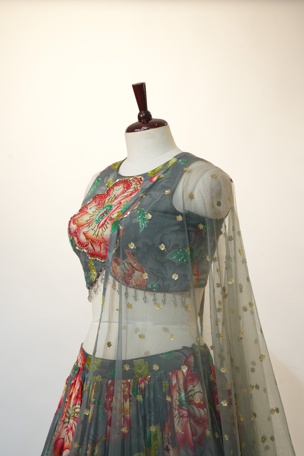 Grey Floral Print Net Overlay Lehenga Set
