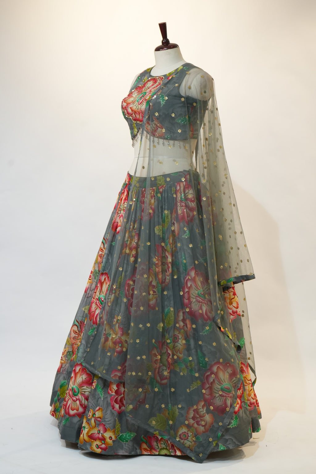 Grey Floral Print Net Overlay Lehenga Set