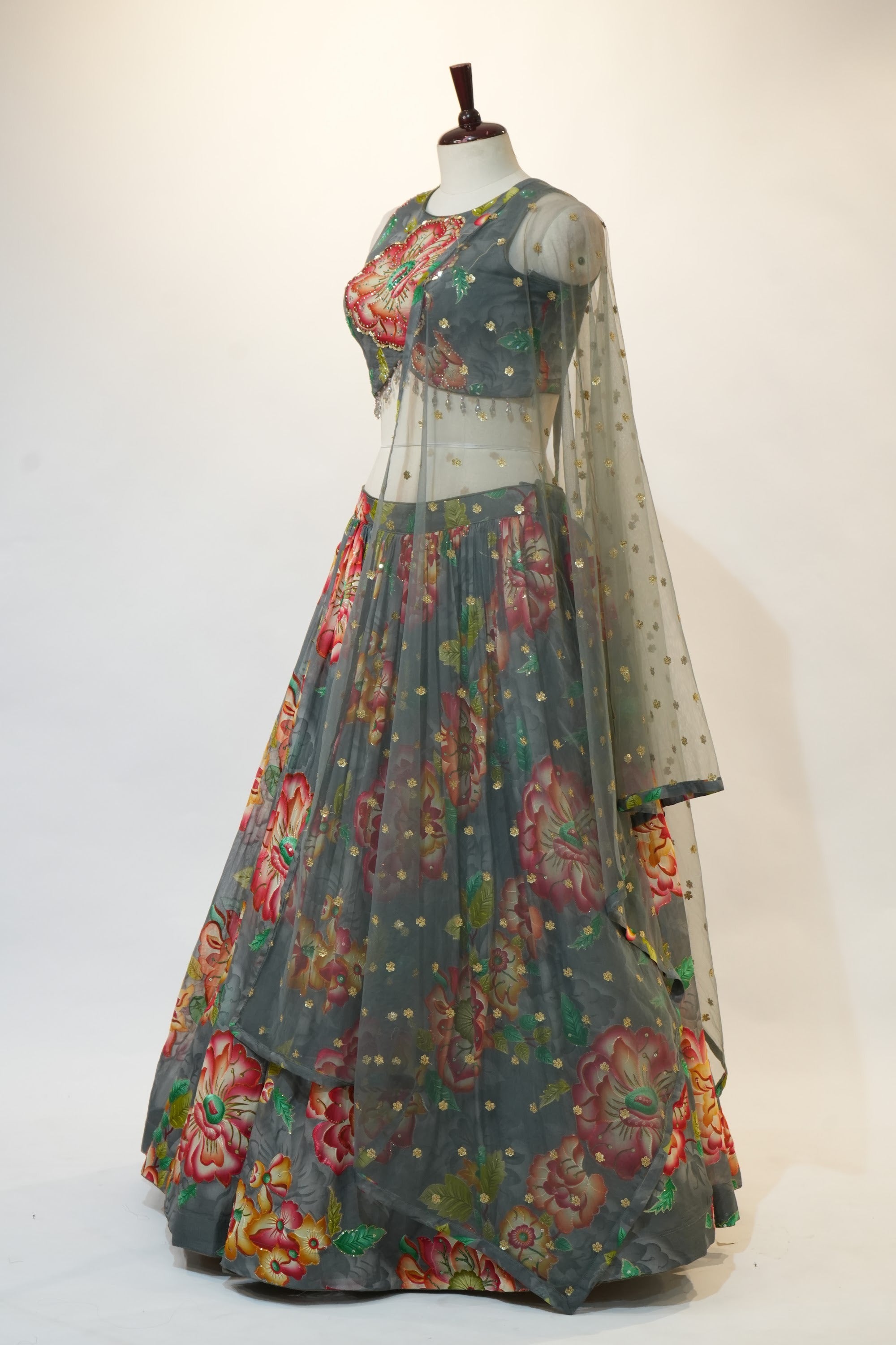 Grey Floral Print Net Overlay Lehenga Set