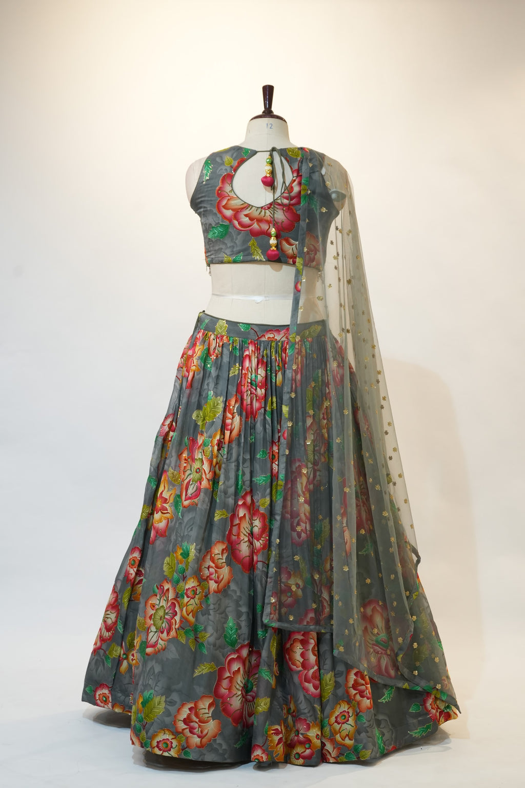 Grey Floral Print Net Overlay Lehenga Set