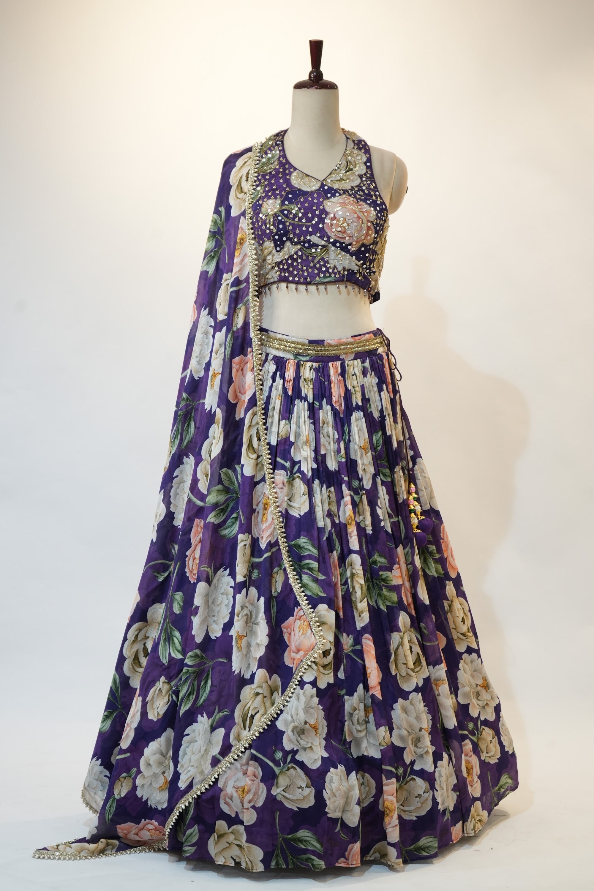 Purple Floral Print Embroidered Lehenga Set