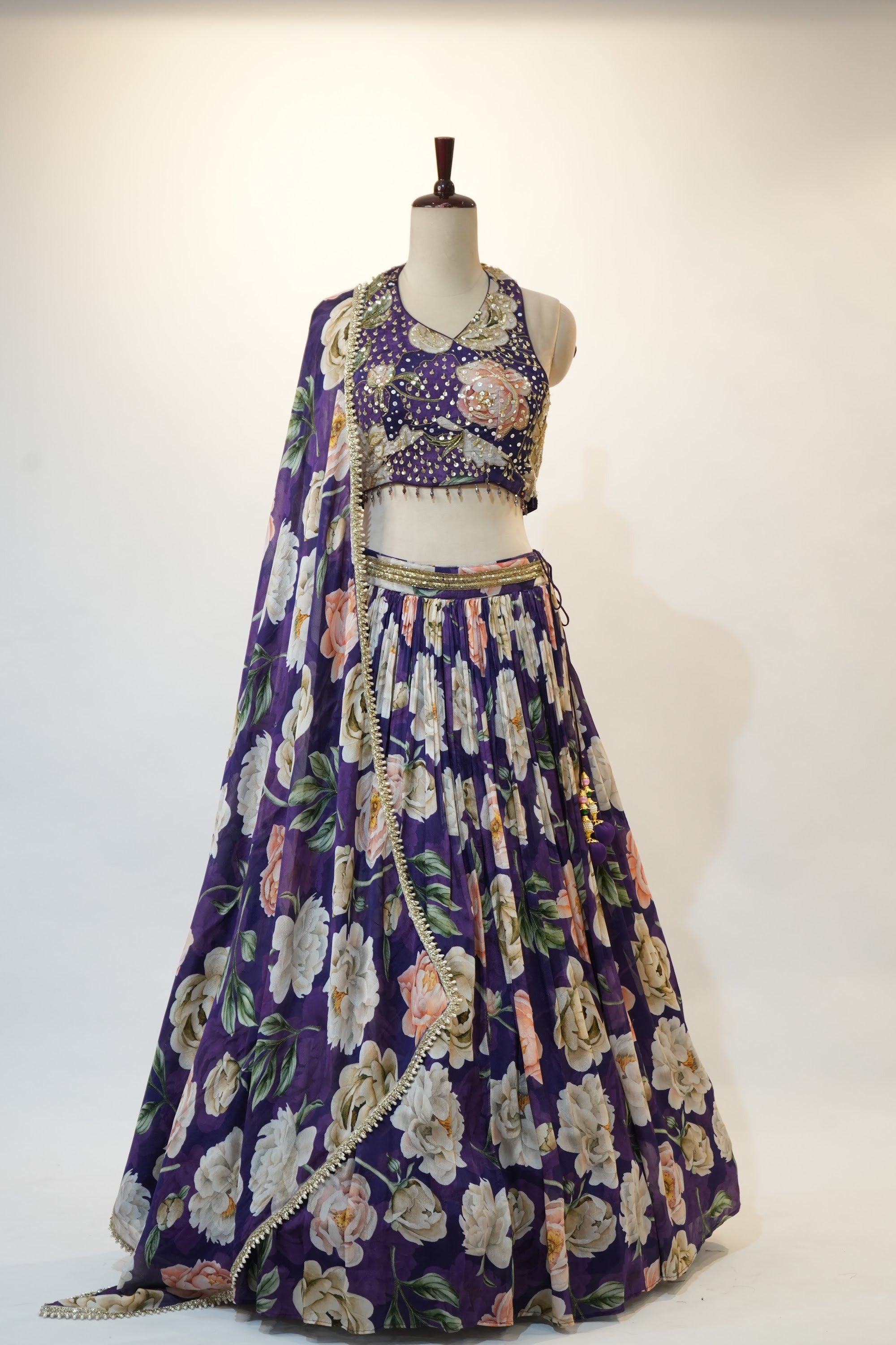 Purple Floral Print Embroidered Lehenga Set