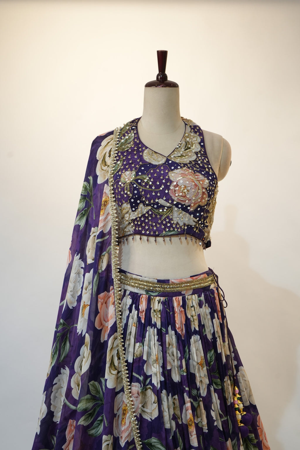 Purple Floral Print Embroidered Lehenga Set