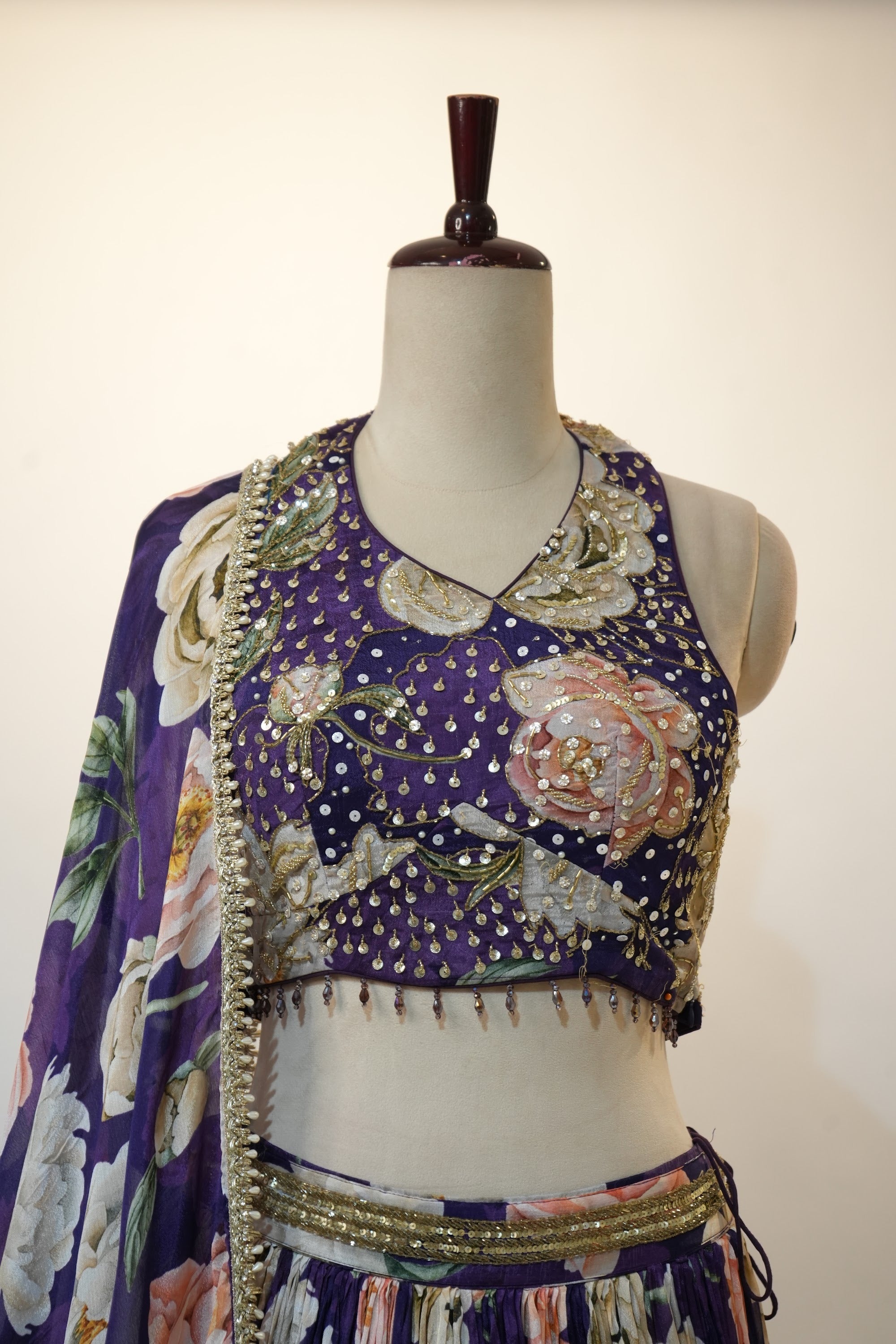 Purple Floral Print Embroidered Lehenga Set