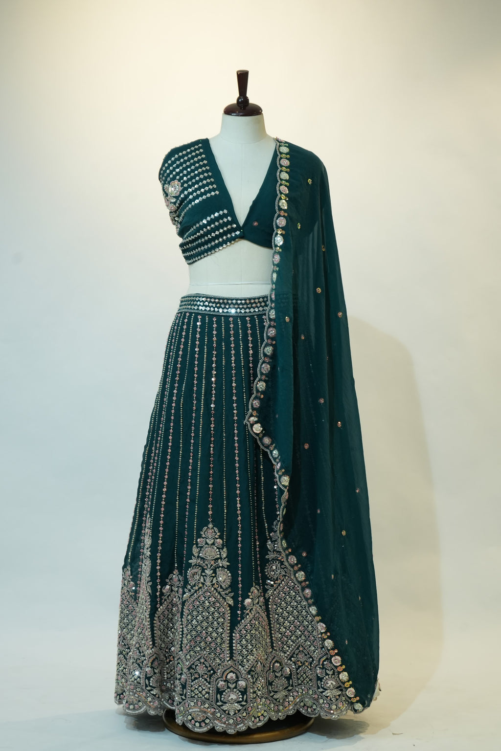 Teal Green Mirror Embroidered Lehenga Set