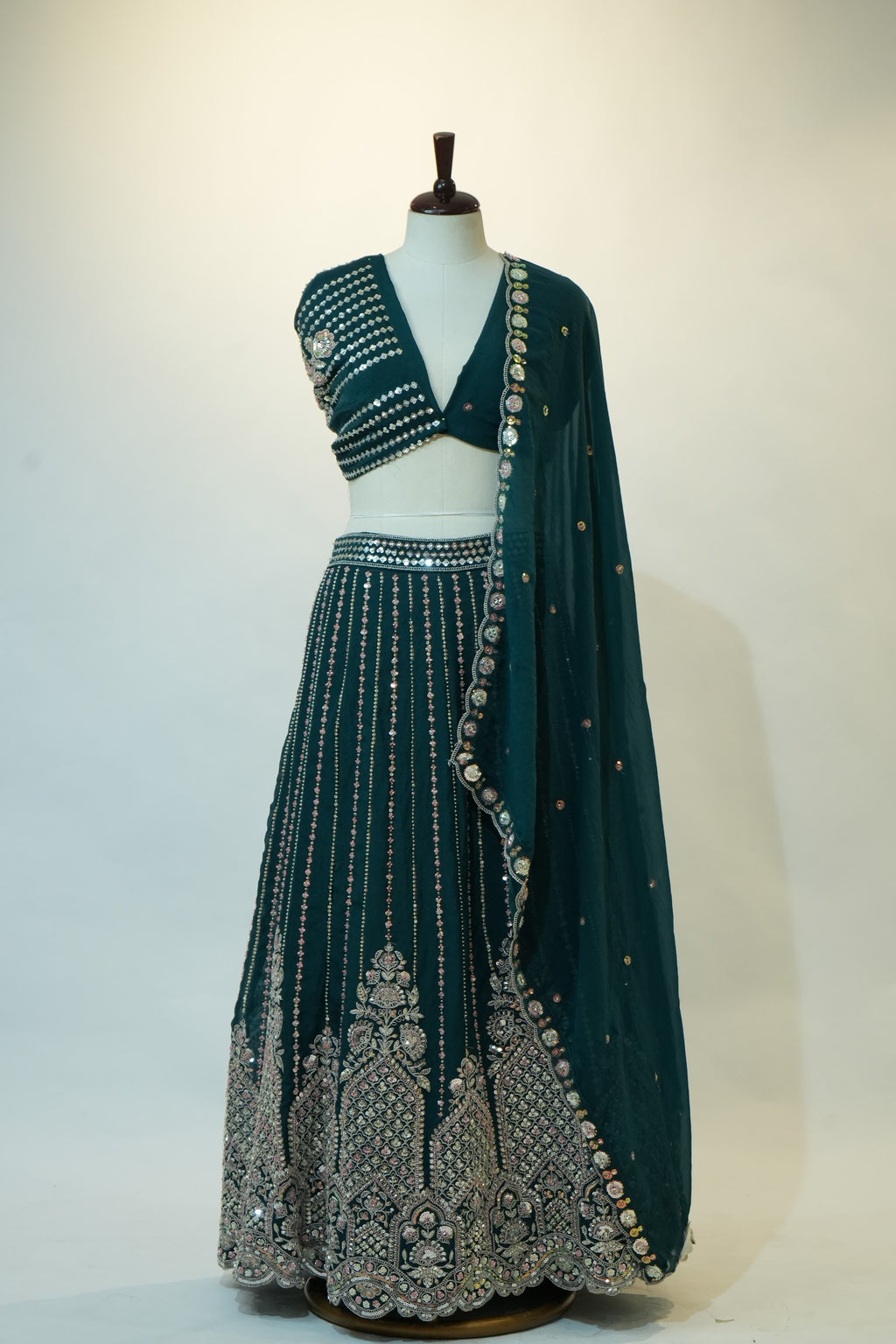 Teal Green Mirror Embroidered Lehenga Set