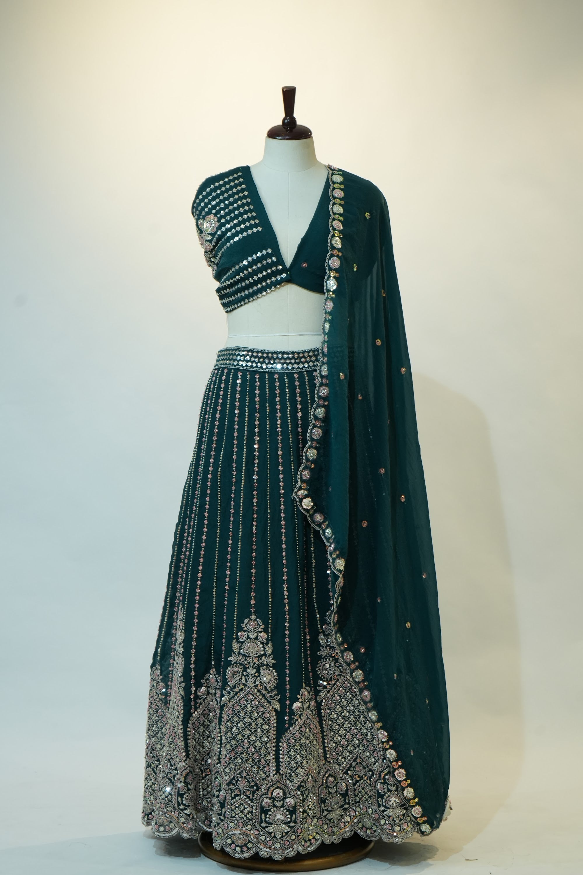 Teal Green Mirror Embroidered Lehenga Set