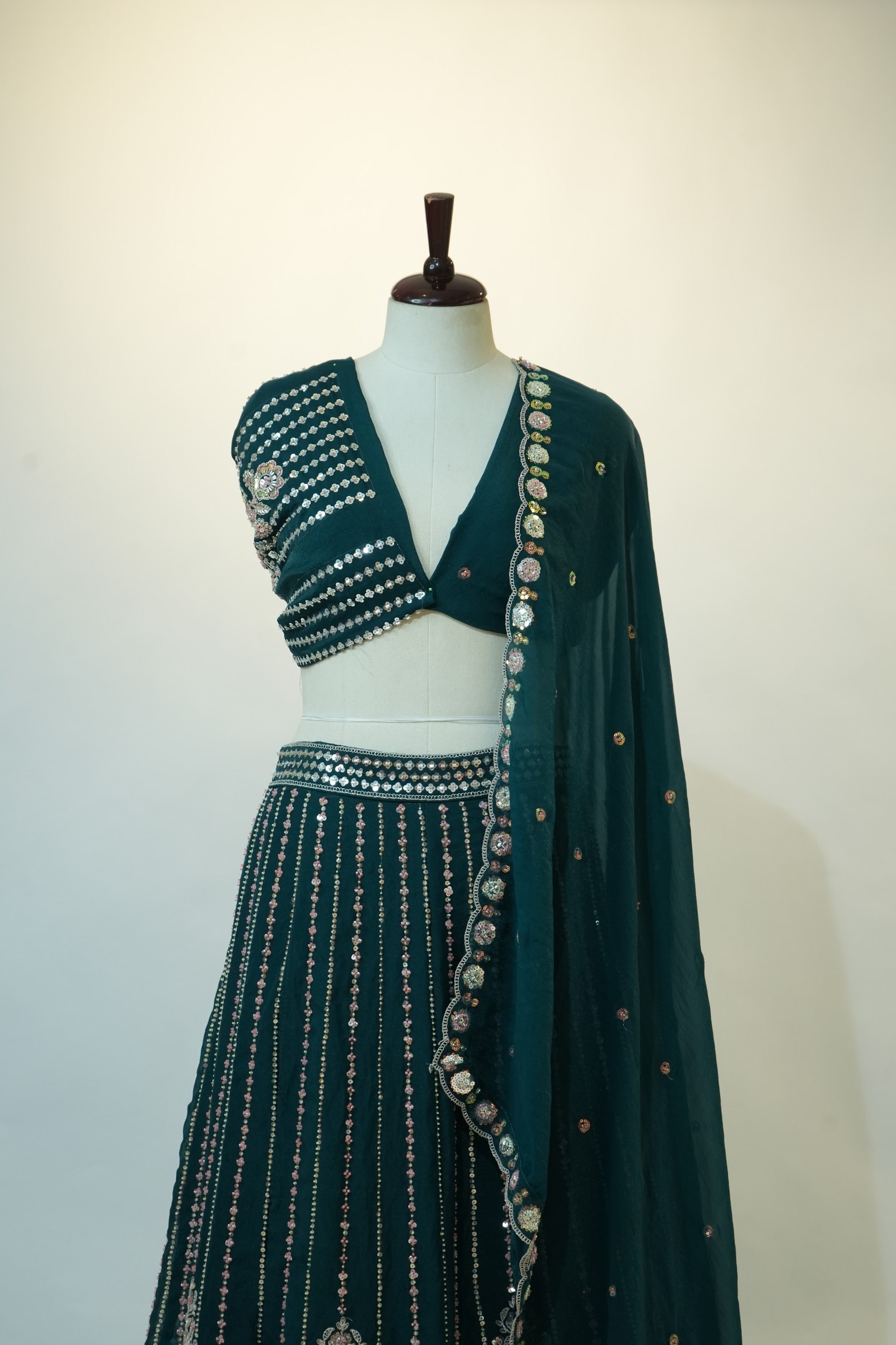 Teal Green Mirror Embroidered Lehenga Set
