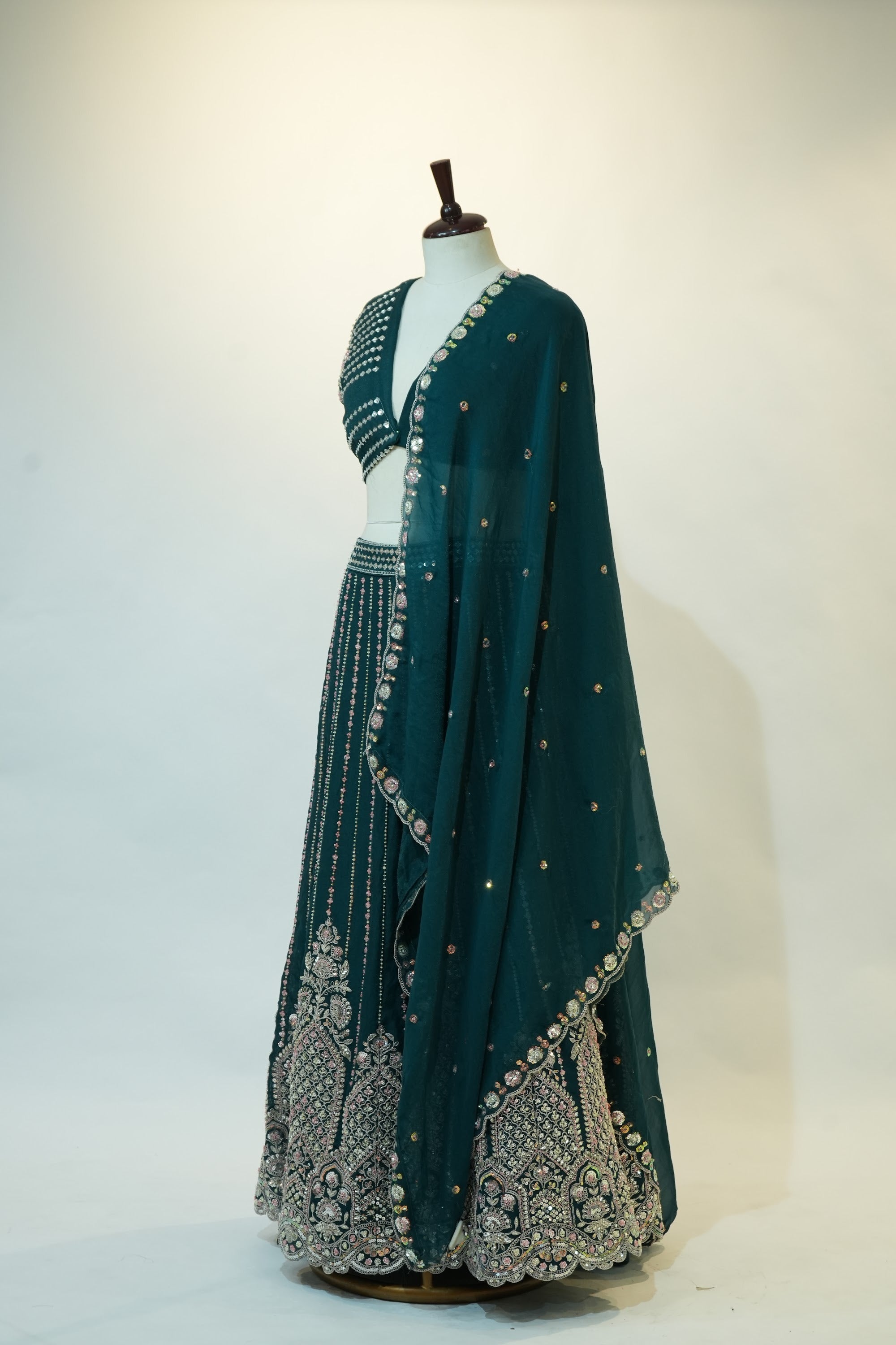 Teal Green Mirror Embroidered Lehenga Set