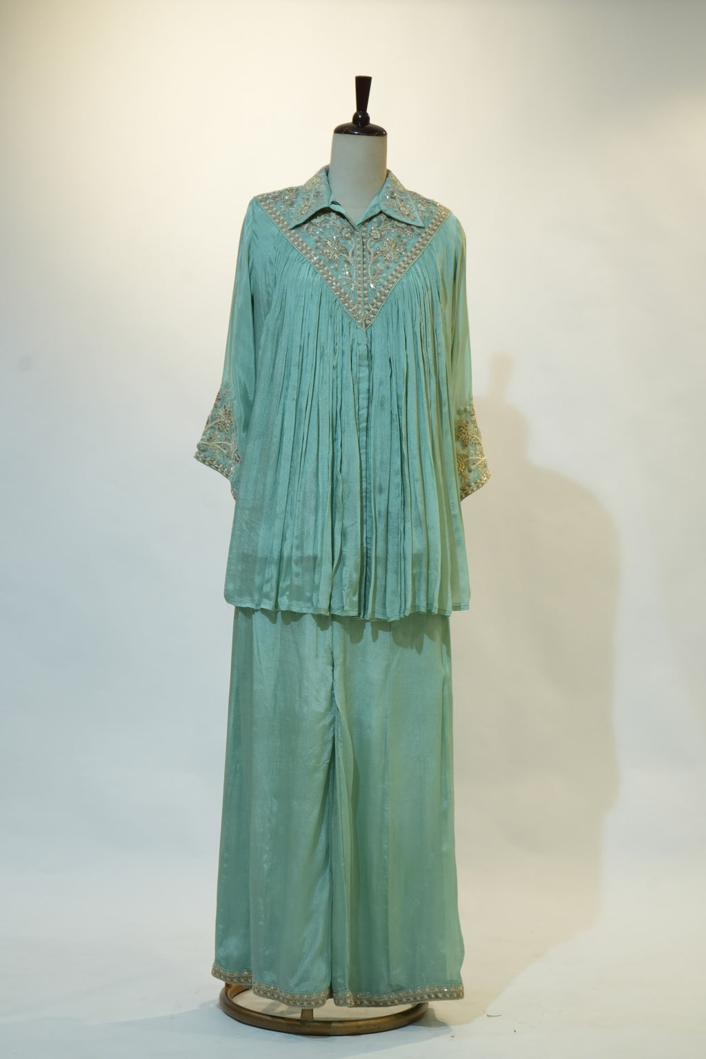 Sea Green Embroidered Pleated Co-ord Set