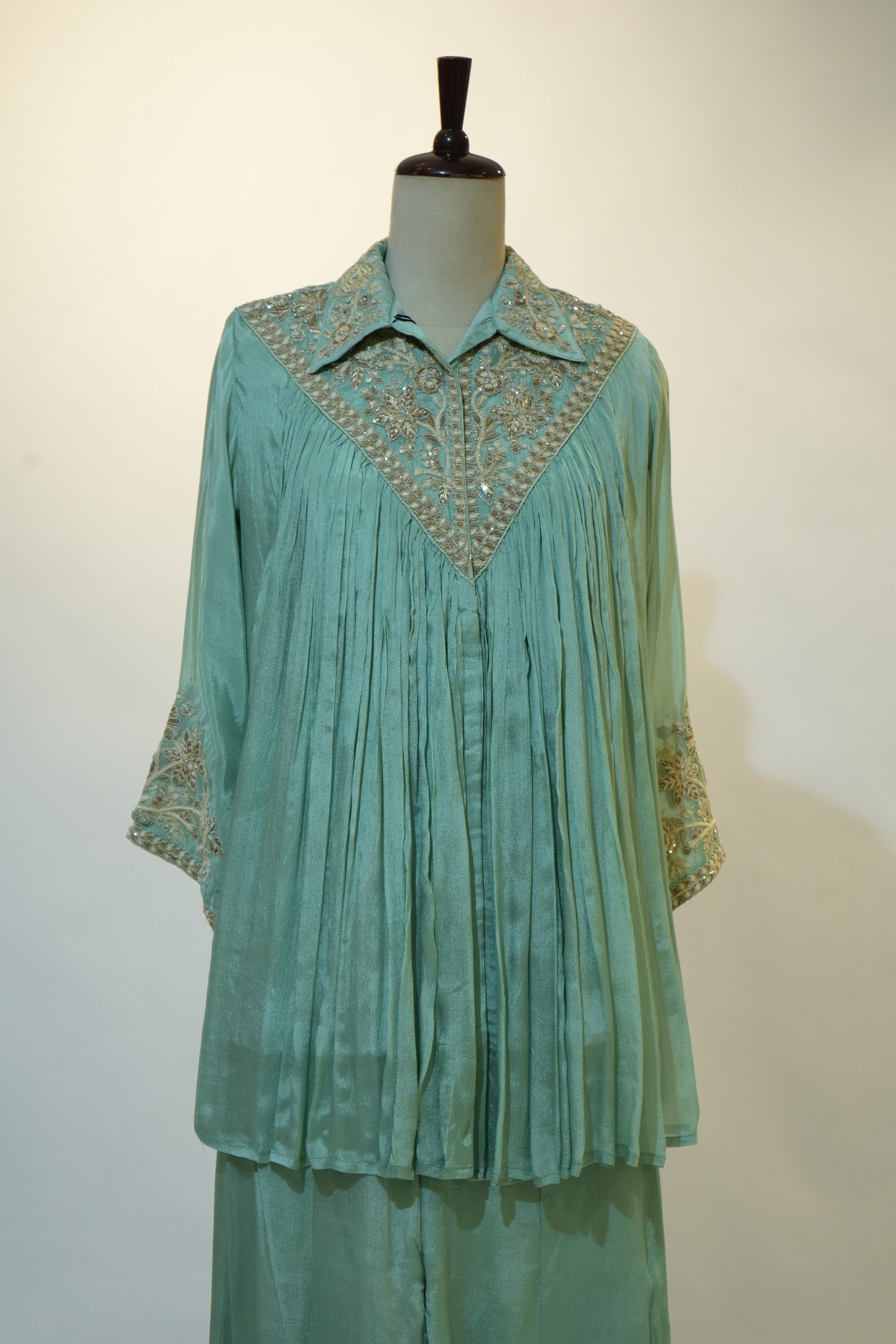 Sea Green Embroidered Pleated Co-ord Set