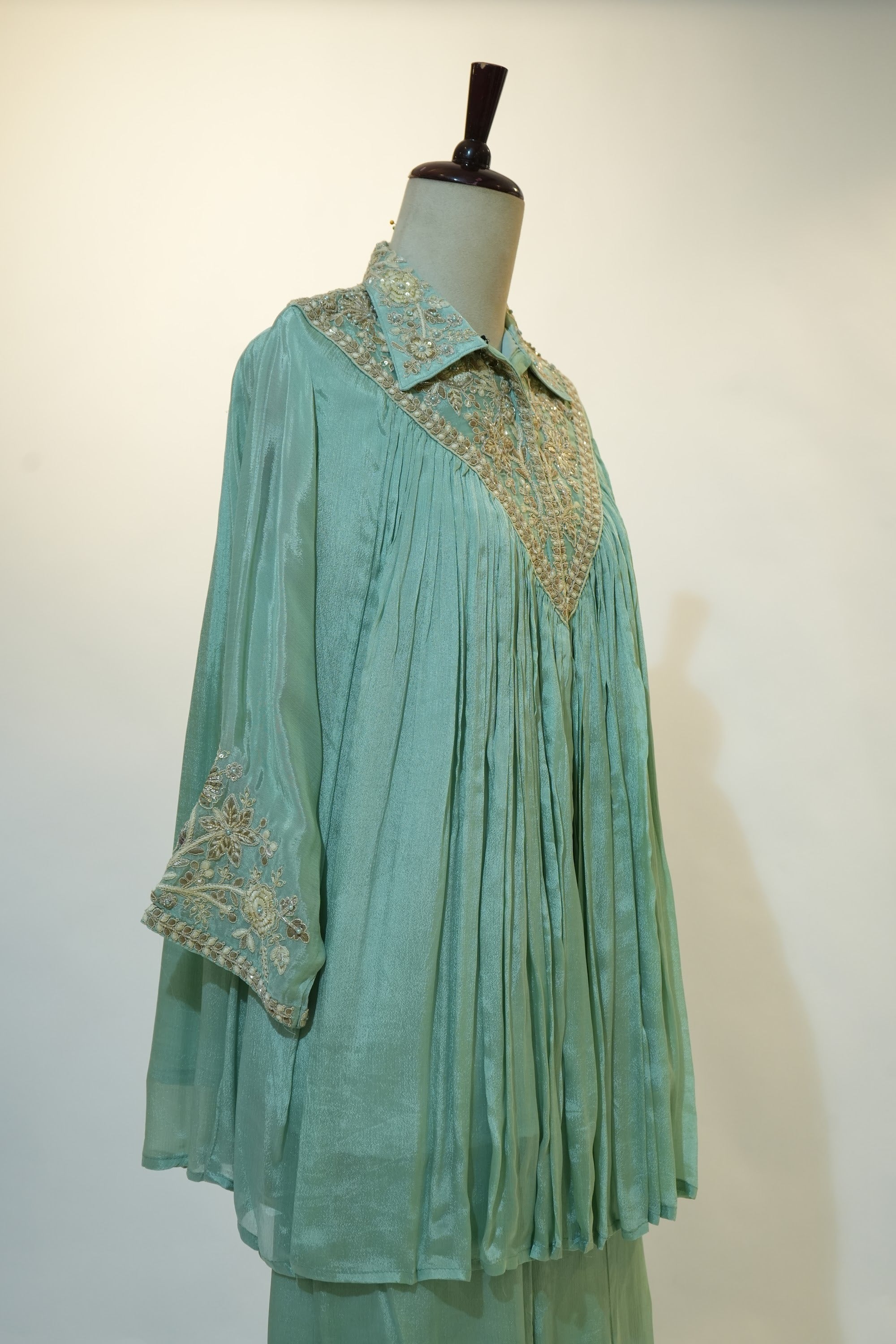 Sea Green Embroidered Pleated Co-ord Set