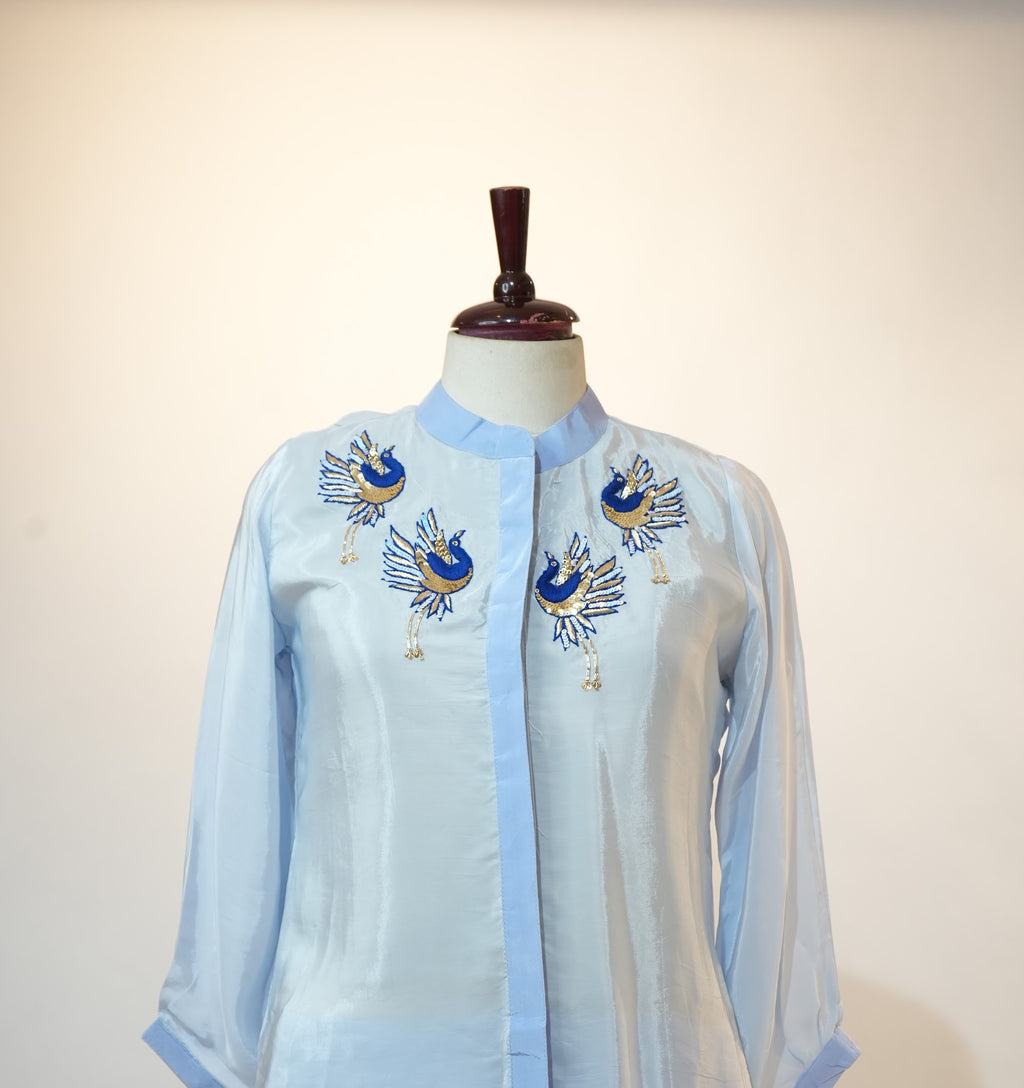 Powder Blue Peacock Embroidered Co-ord Set