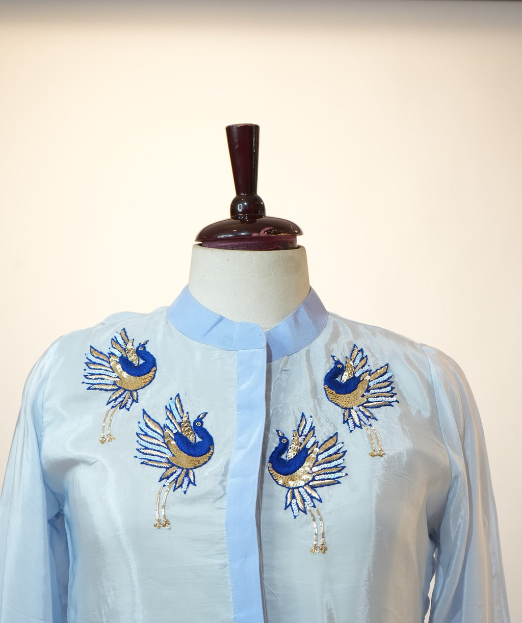 Powder Blue Peacock Embroidered Co-ord Set