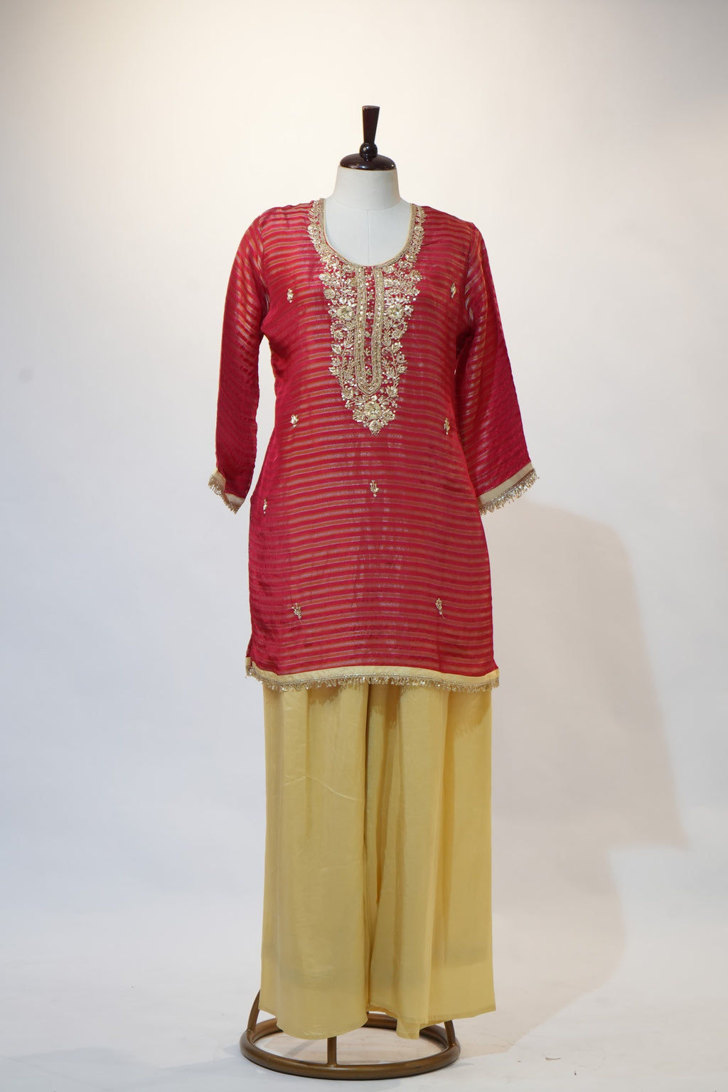 Coral Red Striped Embroidered Kurta Set