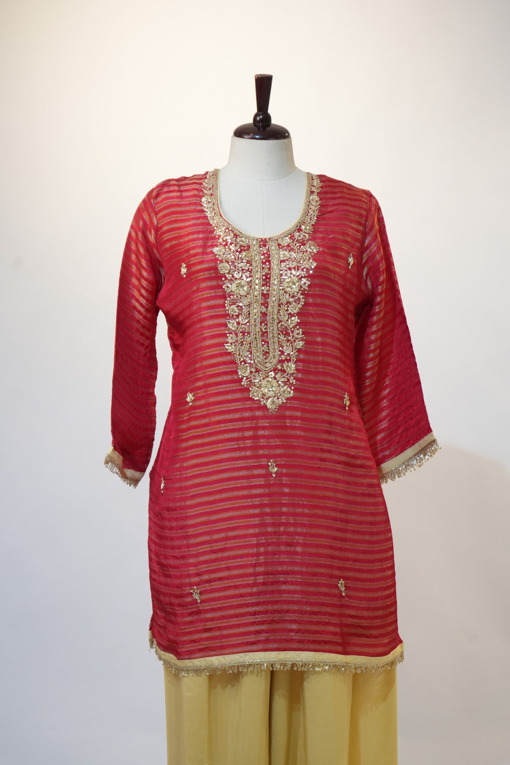 Coral Red Striped Embroidered Kurta Set