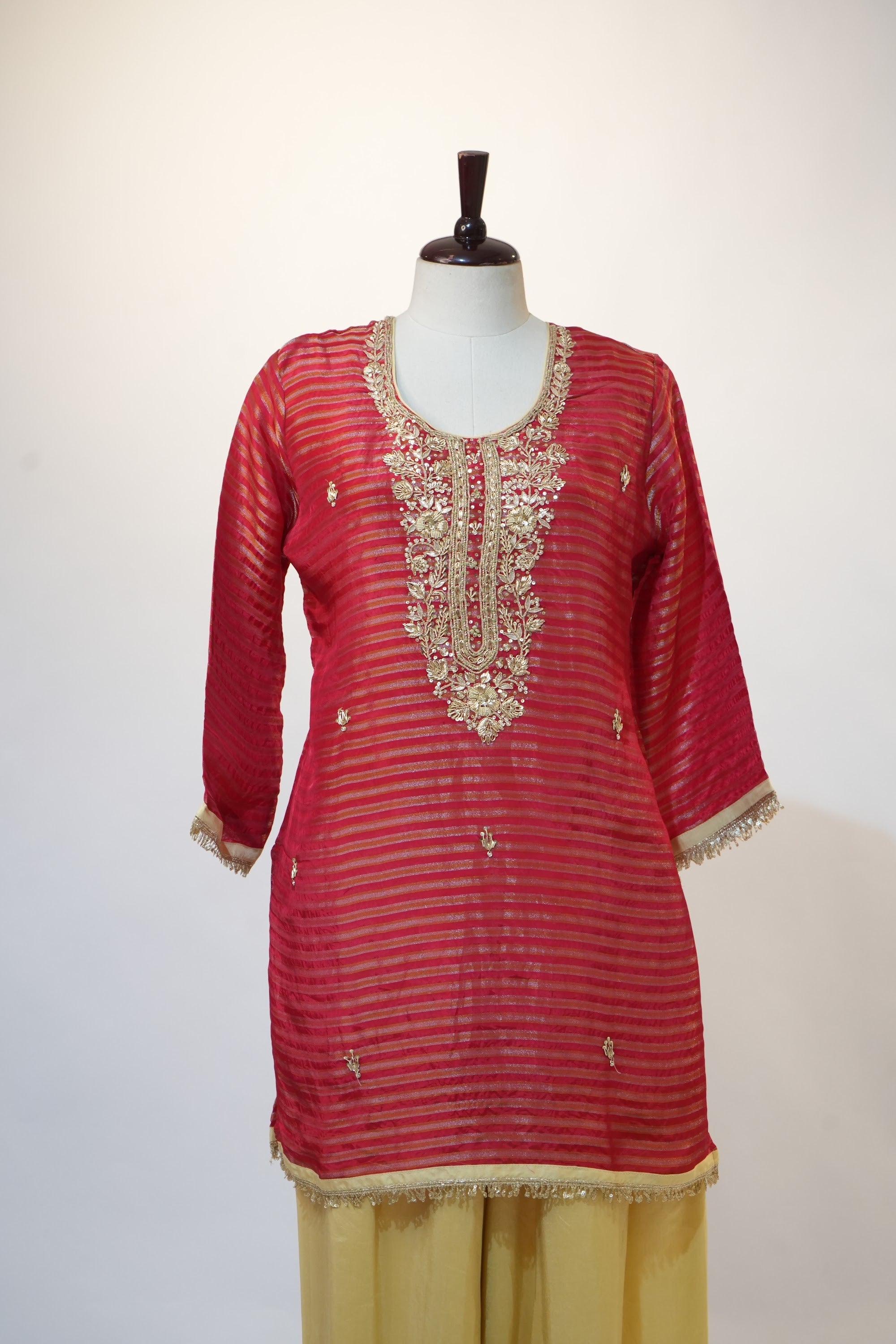 Coral Red Striped Embroidered Kurta Set