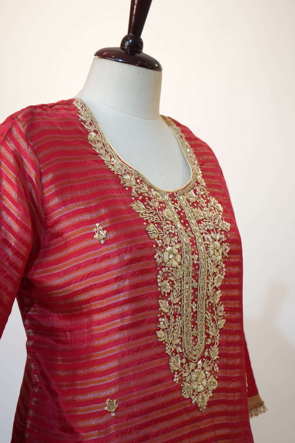 Coral Red Striped Embroidered Kurta Set
