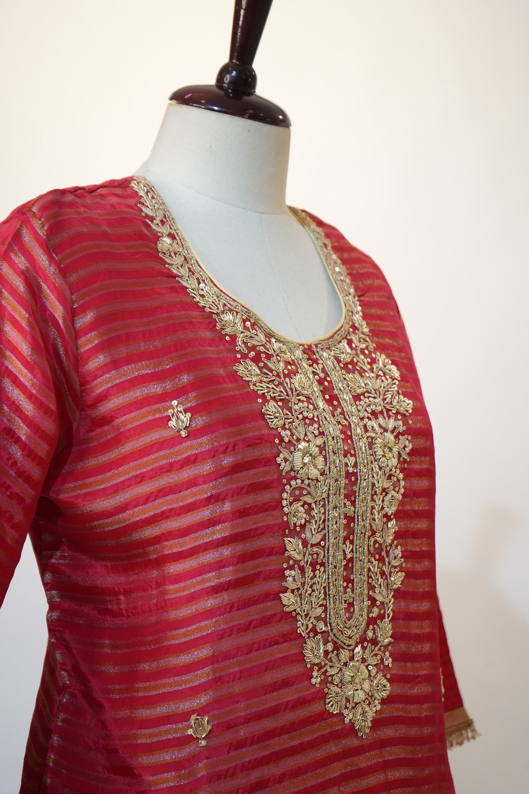 Coral Red Striped Embroidered Kurta Set