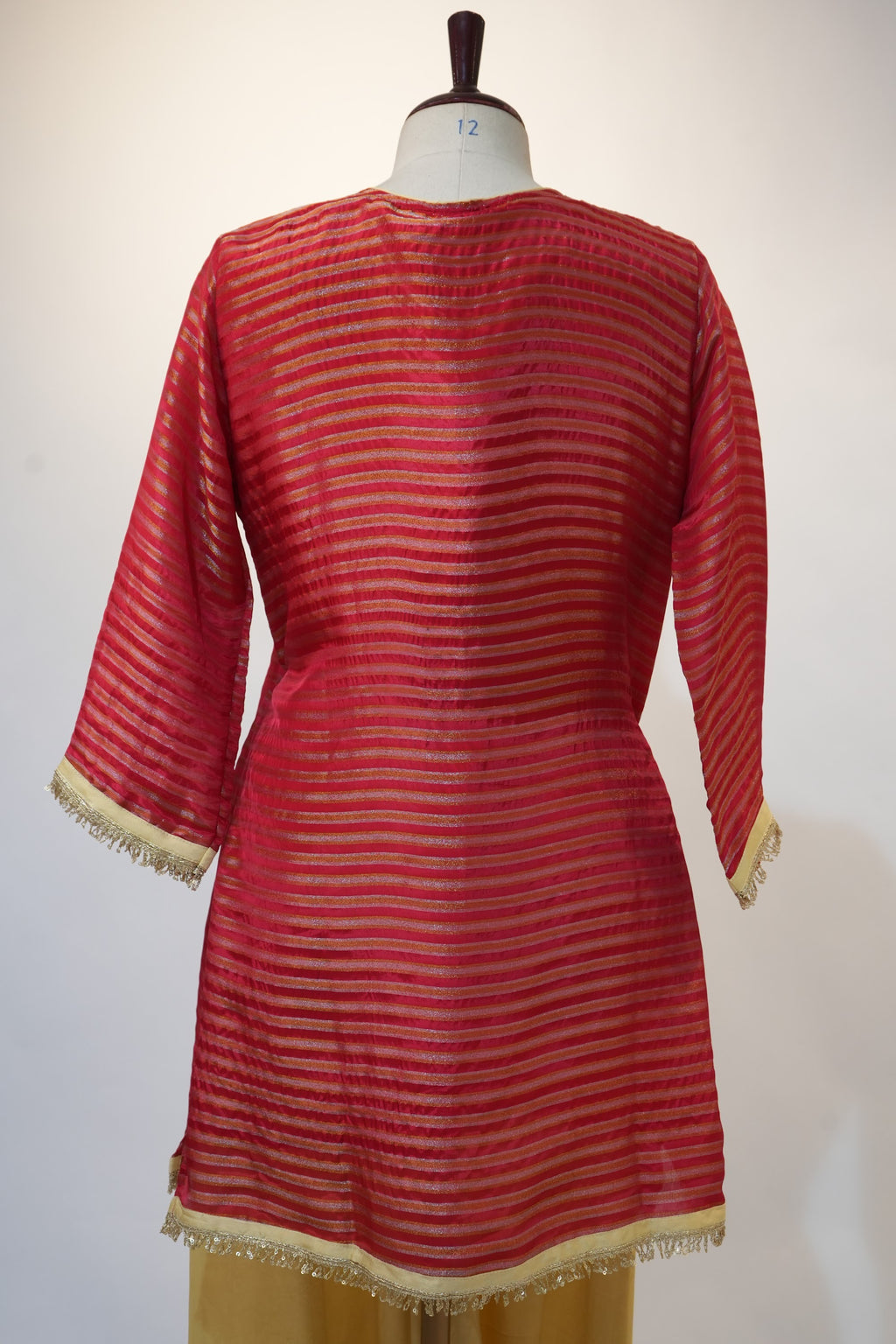 Coral Red Striped Embroidered Kurta Set