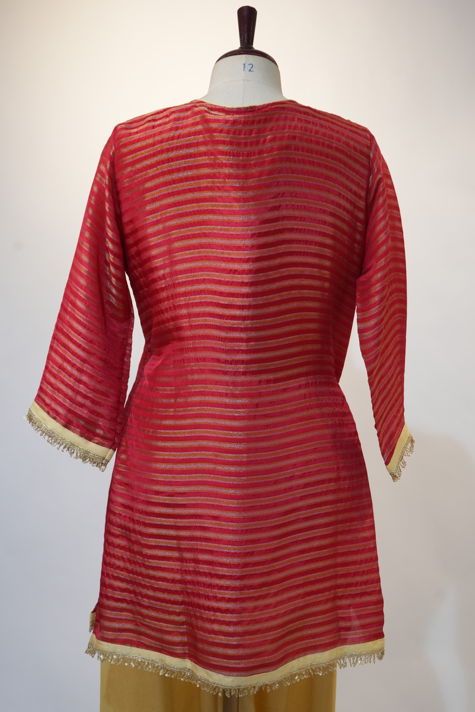 Coral Red Striped Embroidered Kurta Set