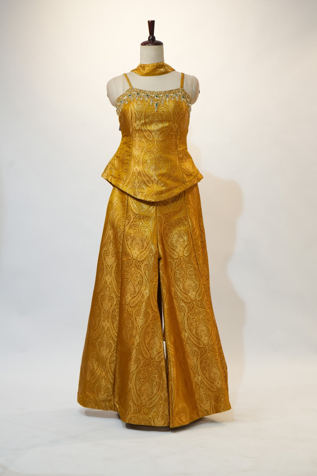 Gold Jacquard Jewelled Peplum Palazzo Set
