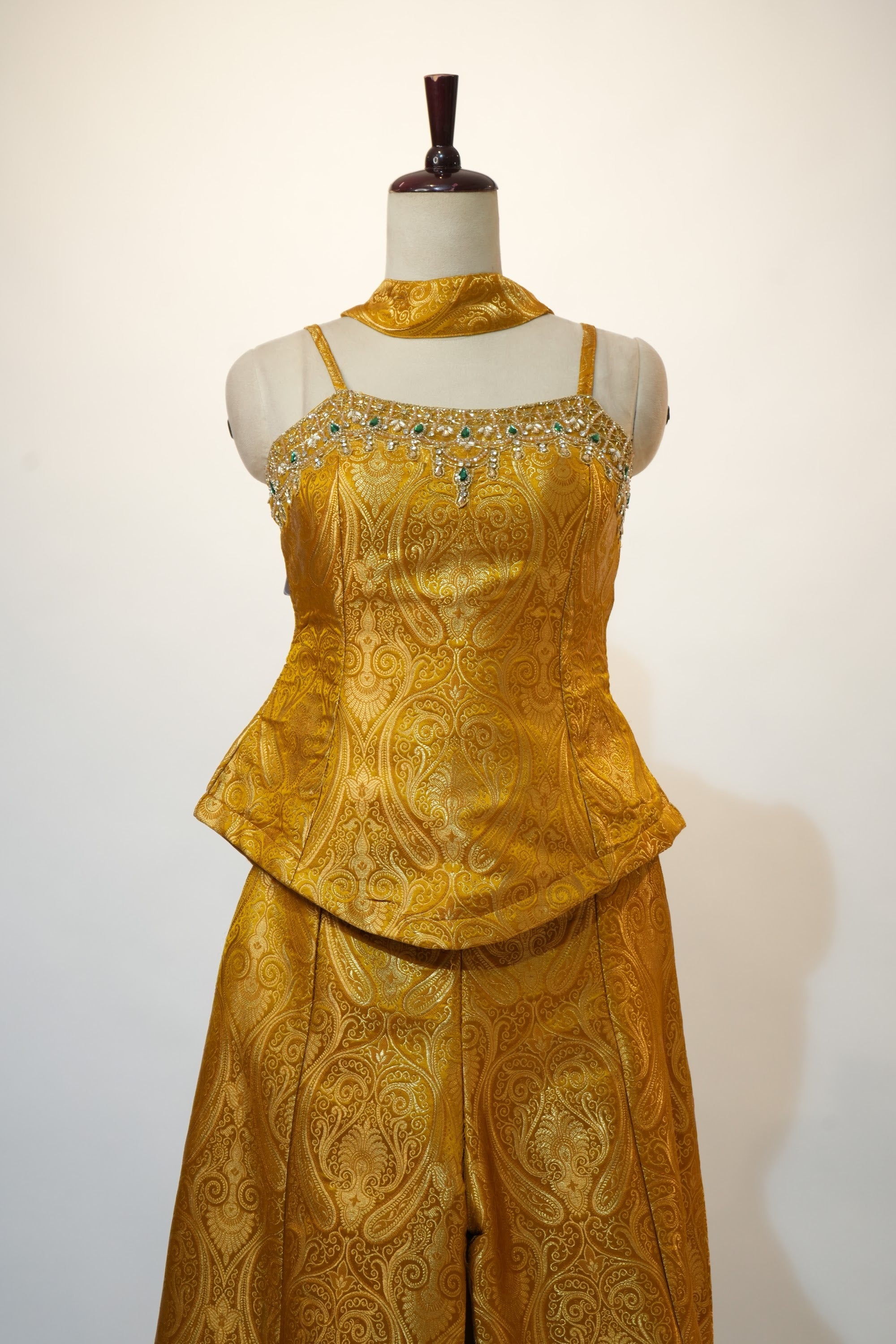 Gold Jacquard Jewelled Peplum Palazzo Set