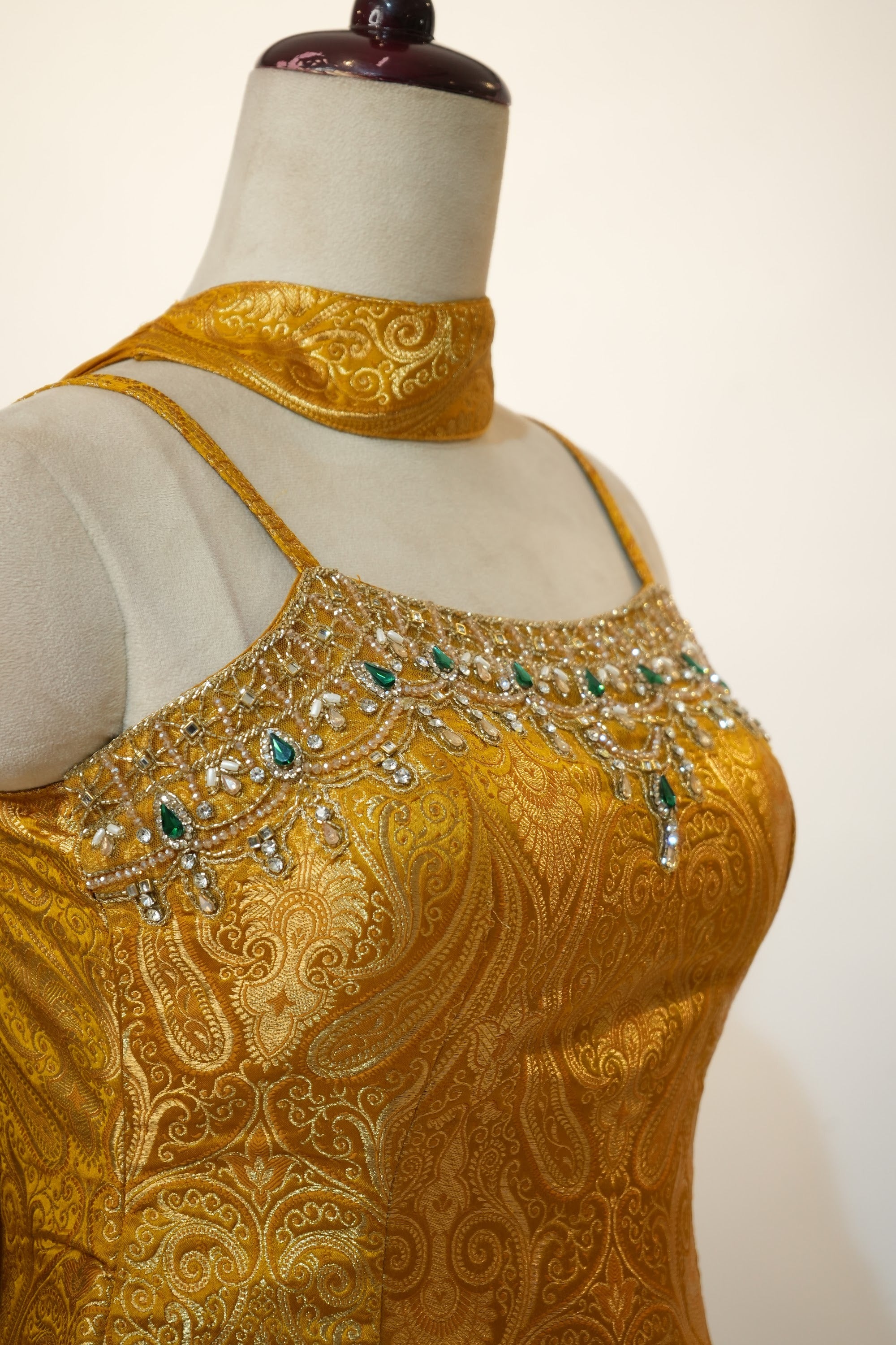 Gold Jacquard Jewelled Peplum Palazzo Set