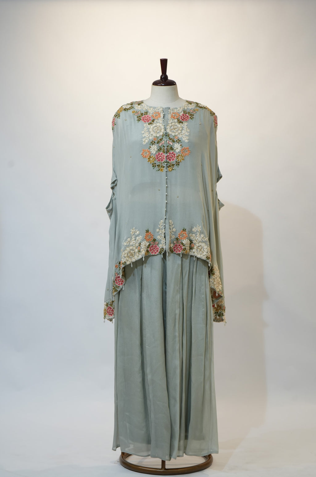 Powder Blue Floral Embroidered Cape Kaftan Set