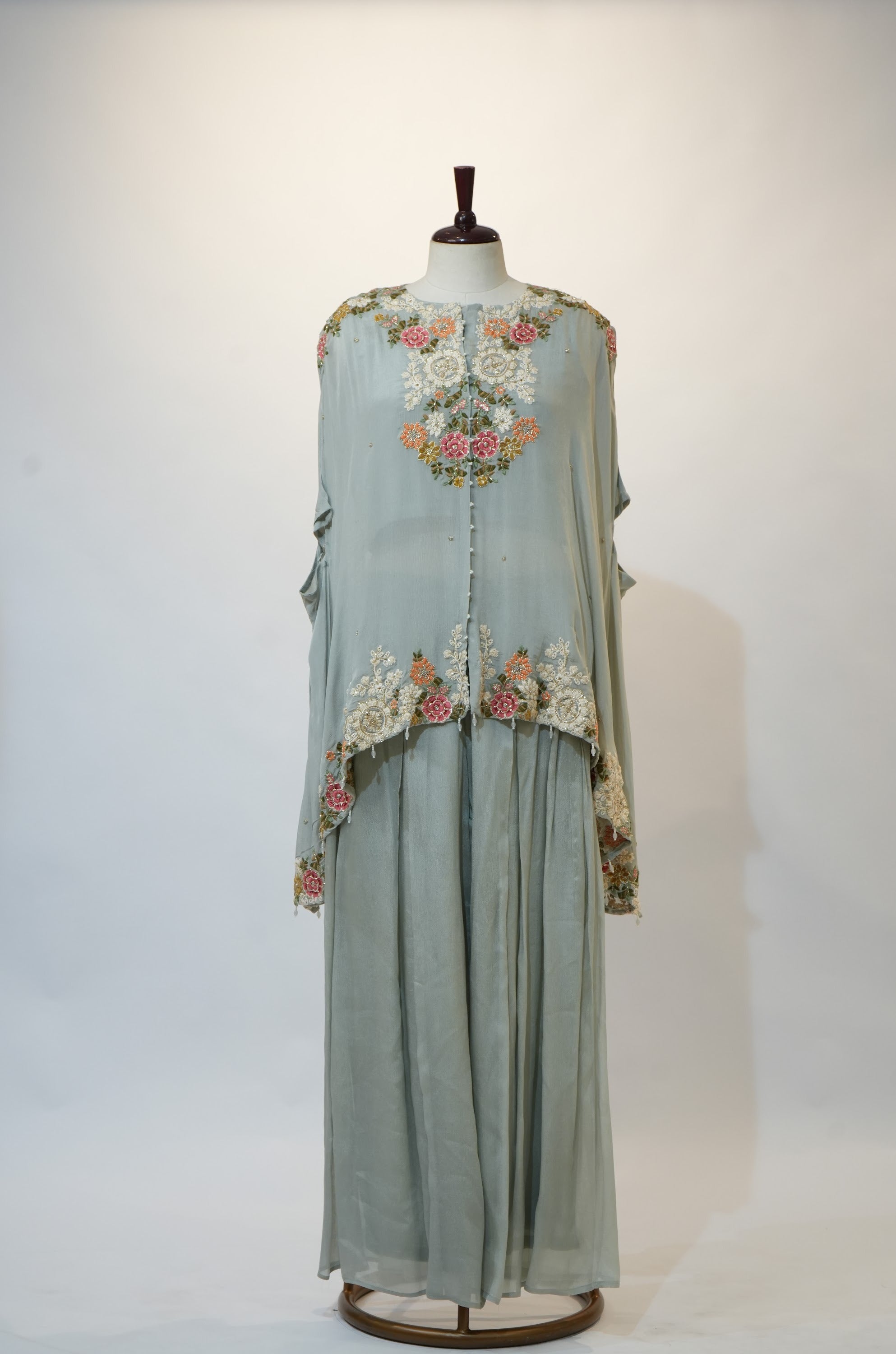 Powder Blue Floral Embroidered Cape Kaftan Set