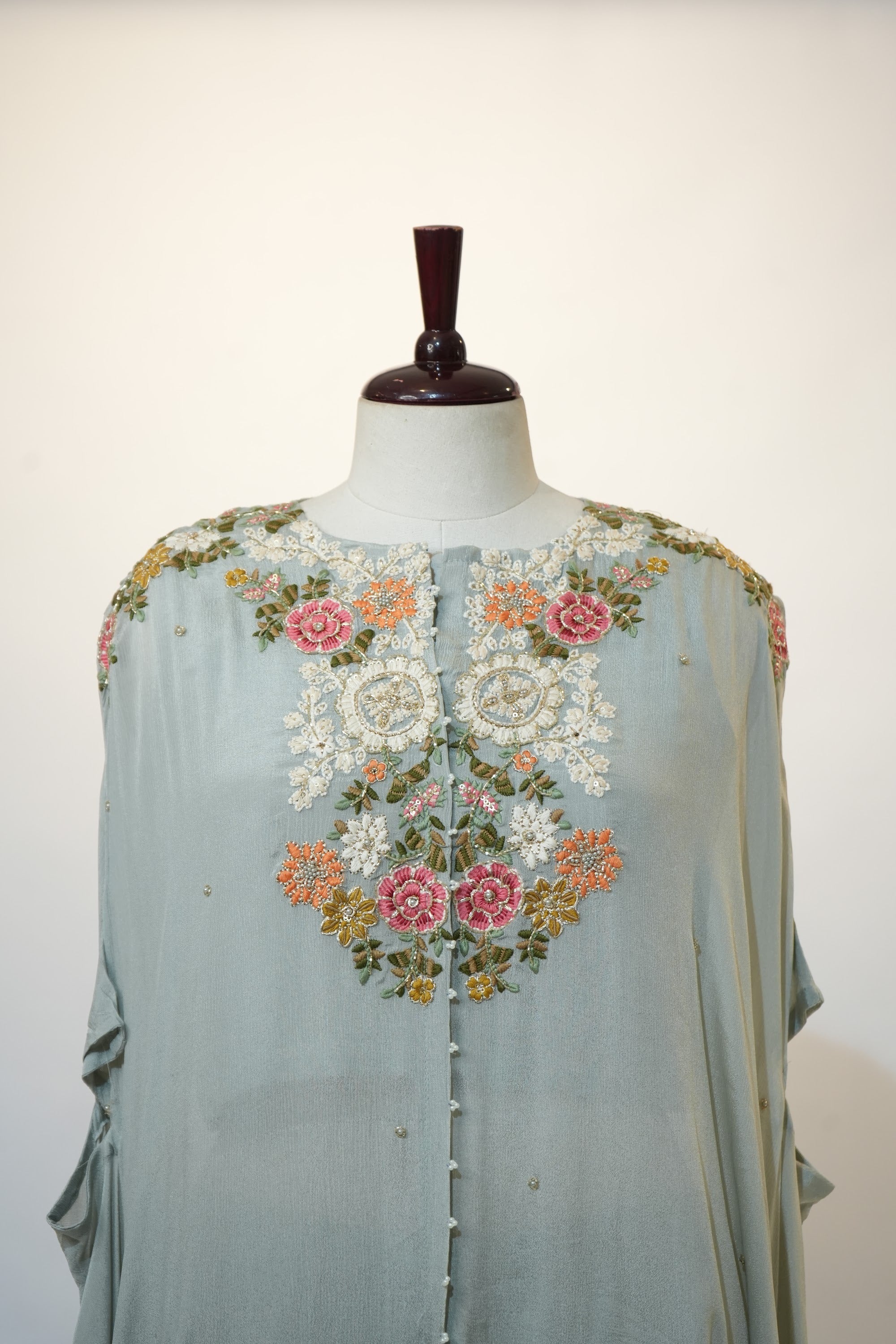 Powder Blue Floral Embroidered Cape Kaftan Set