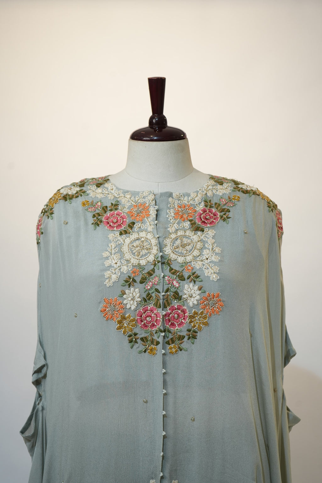 Powder Blue Floral Embroidered Cape Kaftan Set