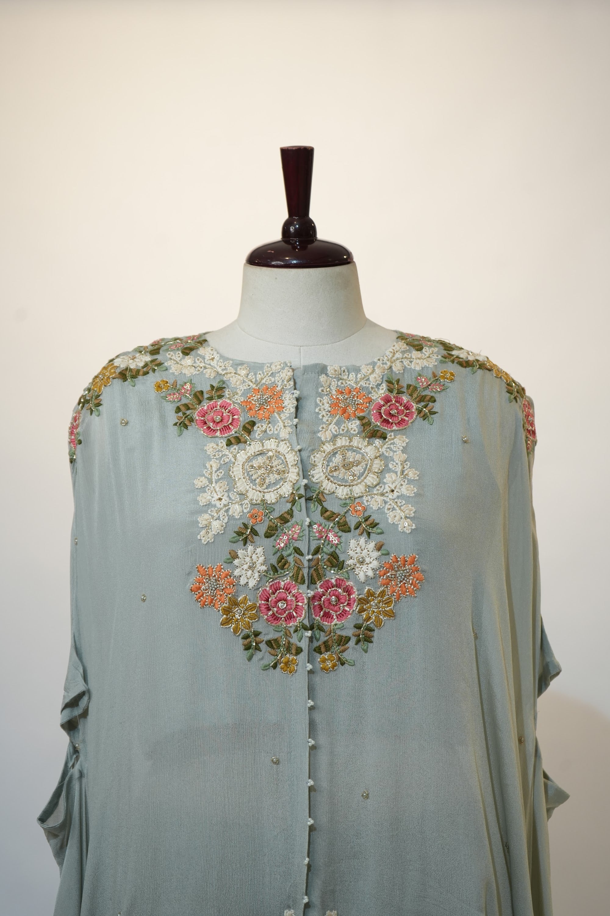 Powder Blue Floral Embroidered Cape Kaftan Set